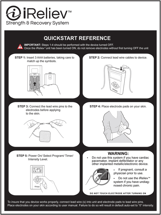 iReliev Dual Channel TENS Pain Relief System Quickstart Reference