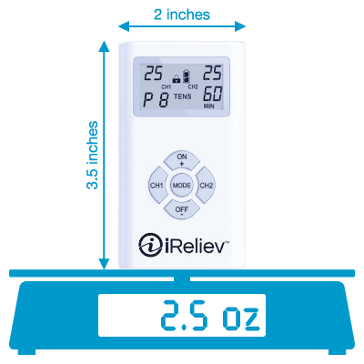 iReliev ET-1313 weighs 2.5 oz with the batteries included and is 3.5 inches tall and 2 inches wide