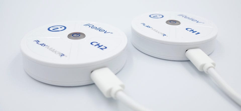 iReliev PlayMakar wireless receiver pods on charge