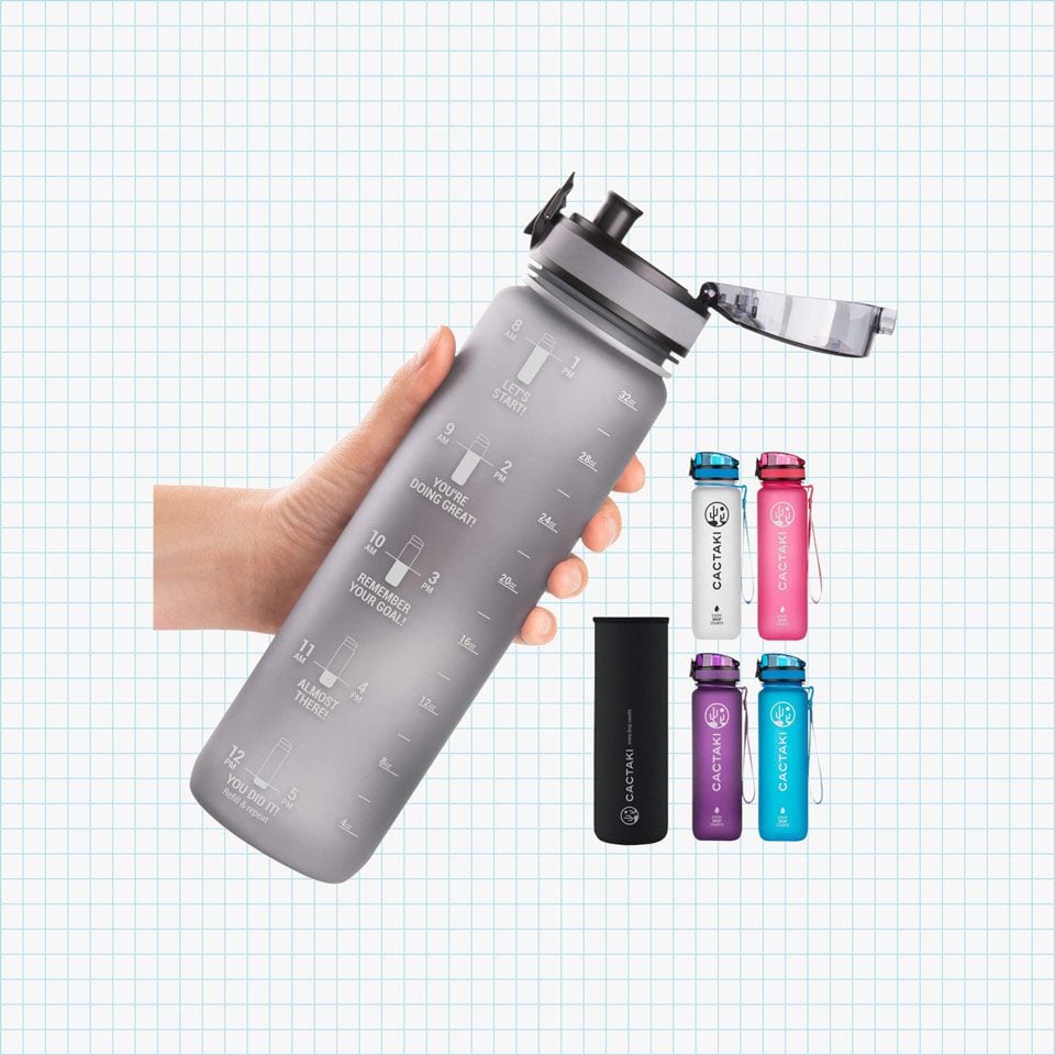 Cactaki Water Bottle with Time Marker, Large BPA Free Water Bottle