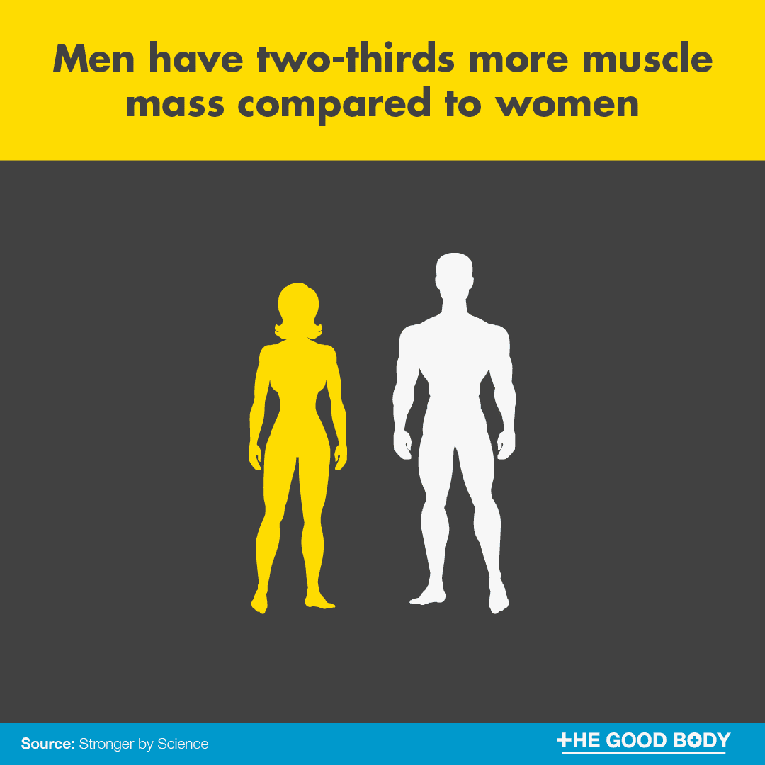 Men have two-thirds more muscle mass compared to women