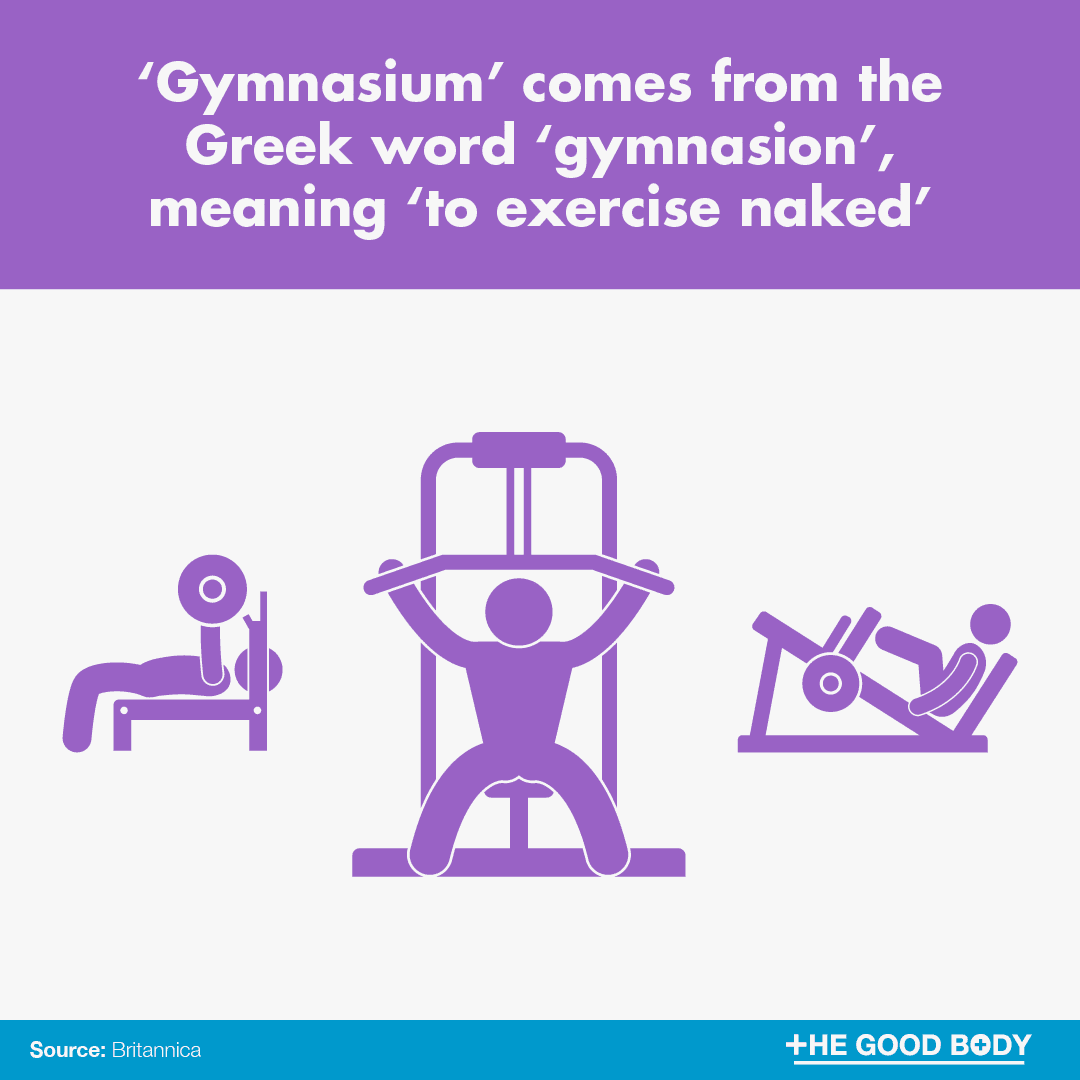 Gymnasium comes from the Greek word gymnasion, meaning to exercise naked