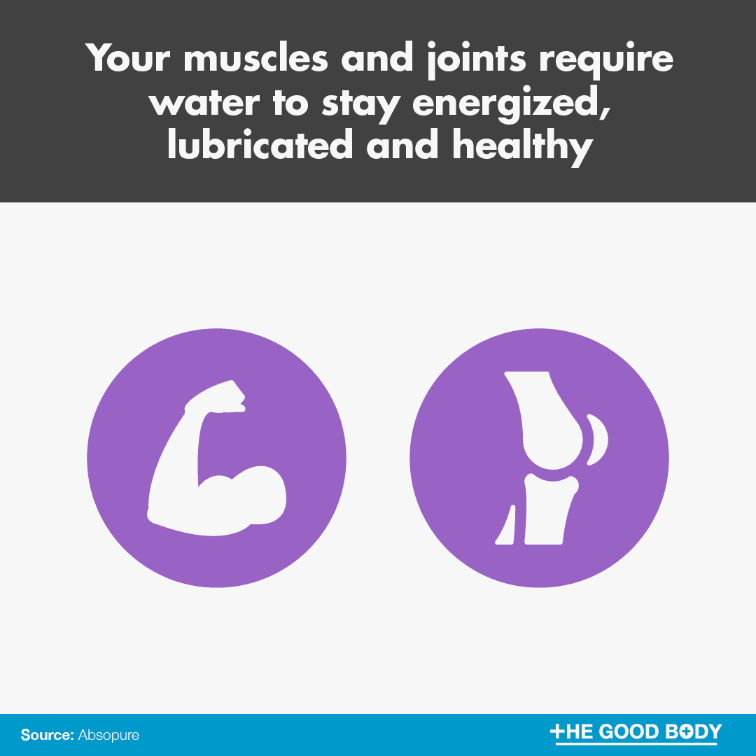 Your muscles and joints require water in order to stay energized, lubricated and healthy