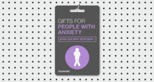Gift card on a pegboard, with illustration of an anxious person shaking, titled 'Gifts for People with Anxiety'.