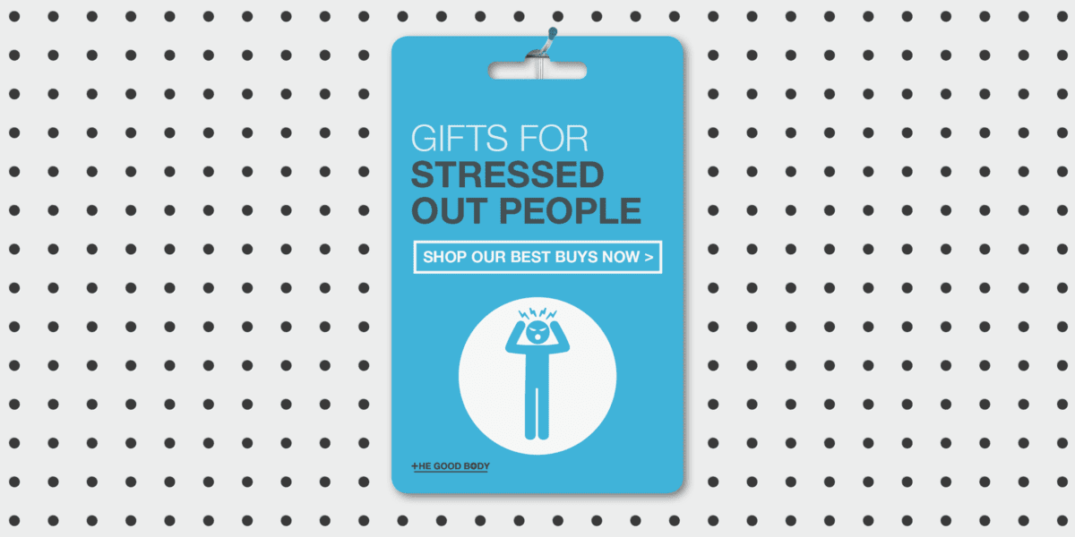 Gift card on a pegboard, with illustration of stress head person, titled 'Gifts for Stressed Out People'.