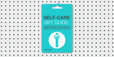 Gift card on a pegboard, with illustration of a person with heart above their head, titled ‘Self-Care Gift Guide’.