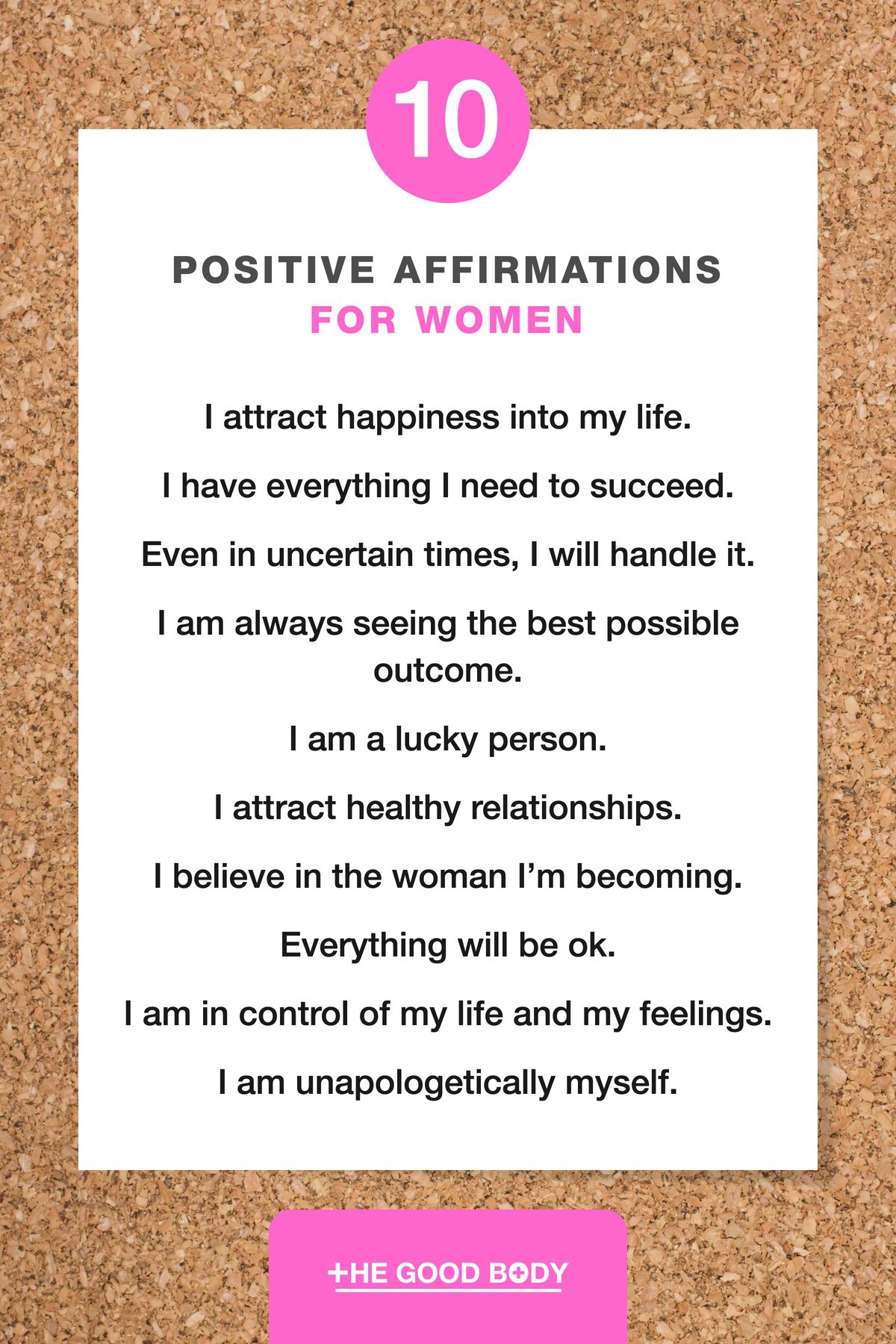 10 Positive Affirmations for Women on White Paper with Cork Background