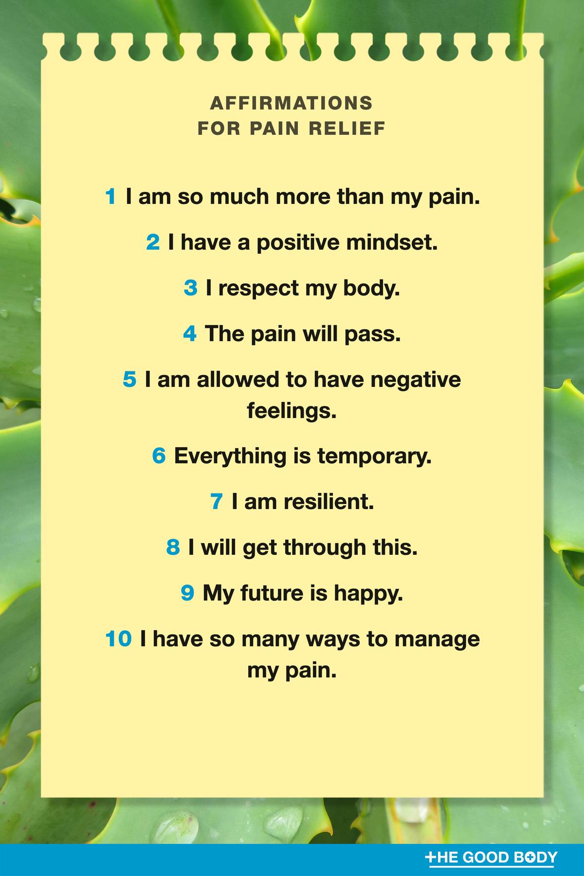 10 Affirmations for Pain Relief on Yellow Note Paper with Aloe Leaves Background