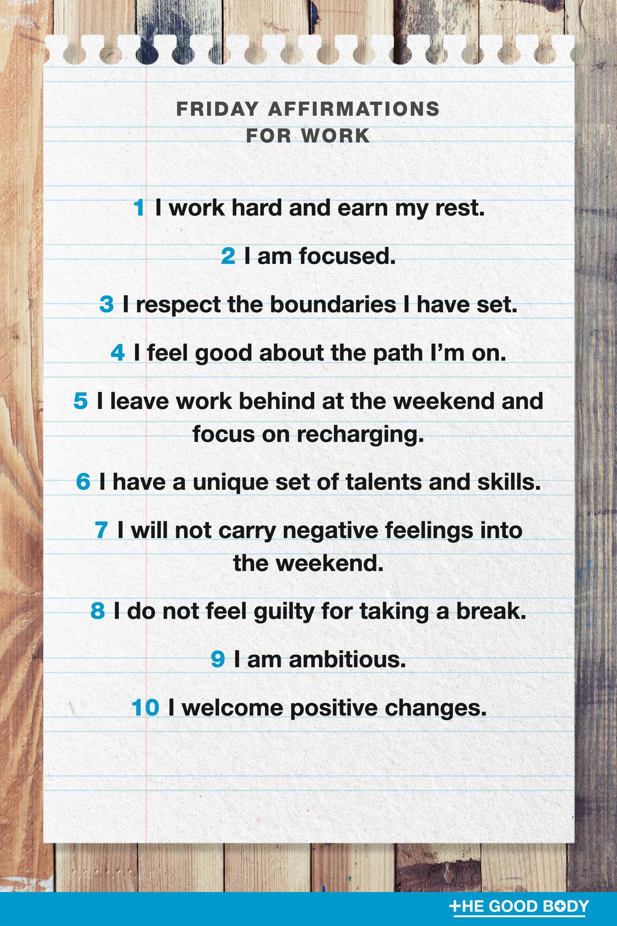 10 Friday Affirmations for Work on Double-lined Note Paper with Wood Background