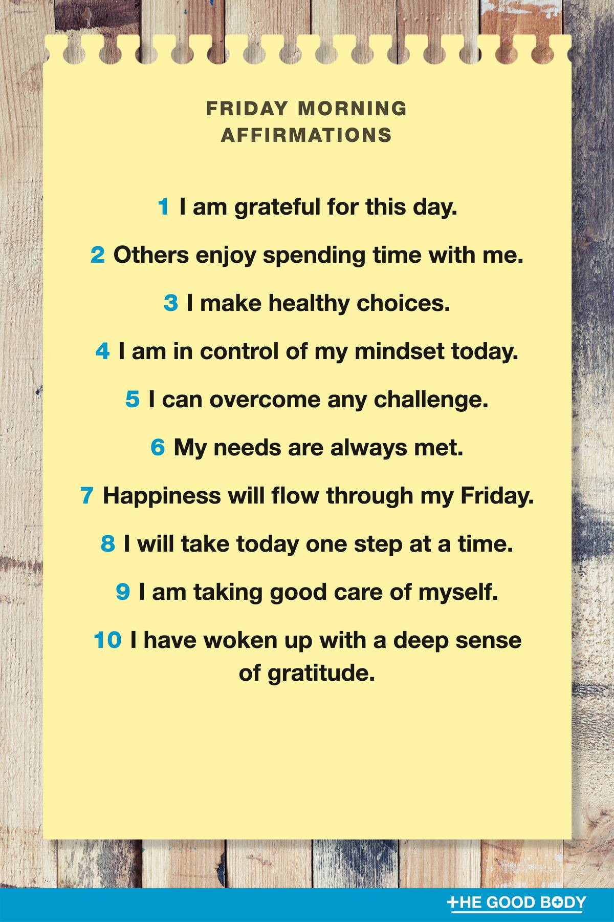 10 Friday Morning Affirmations on Yellow Pastel Tone Note Paper with Wood Background