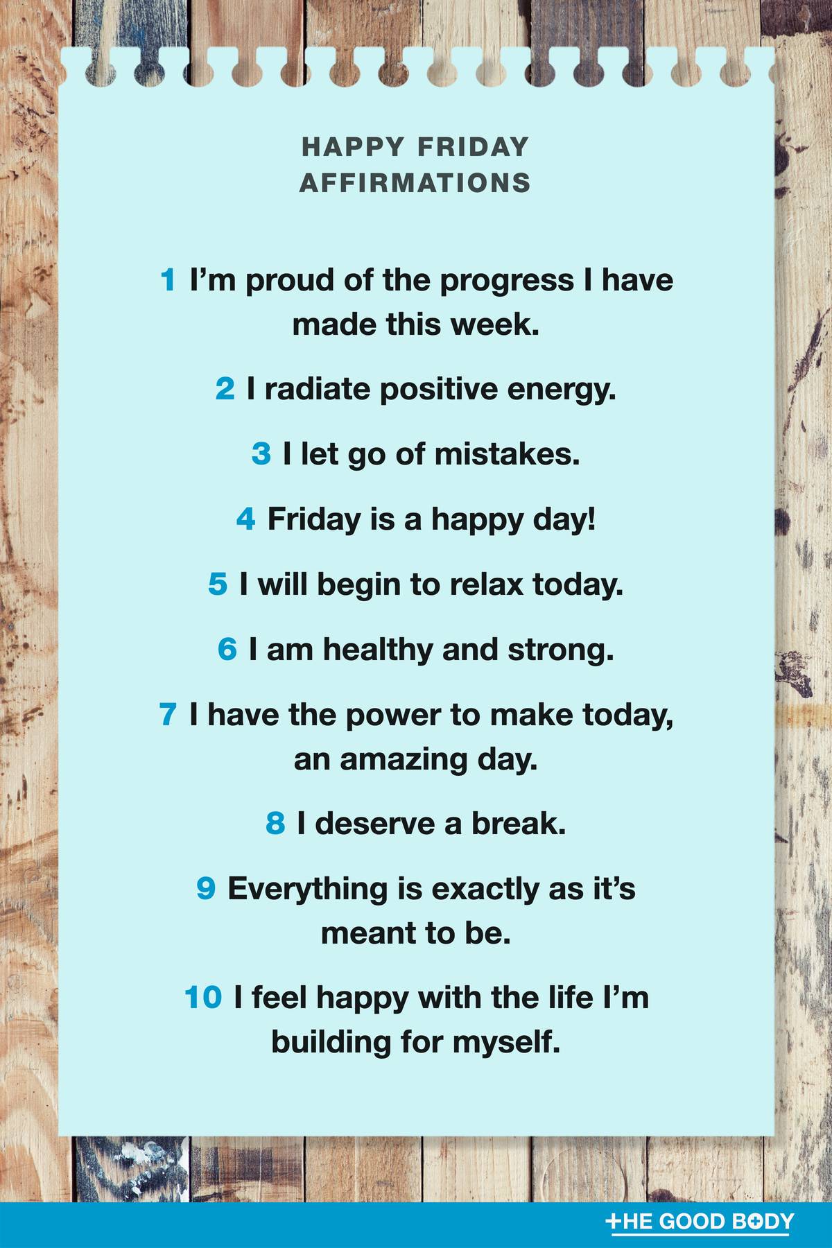 10 Happy Friday Affirmations on Light Blue Pastel Tone Note Paper with Wood Background