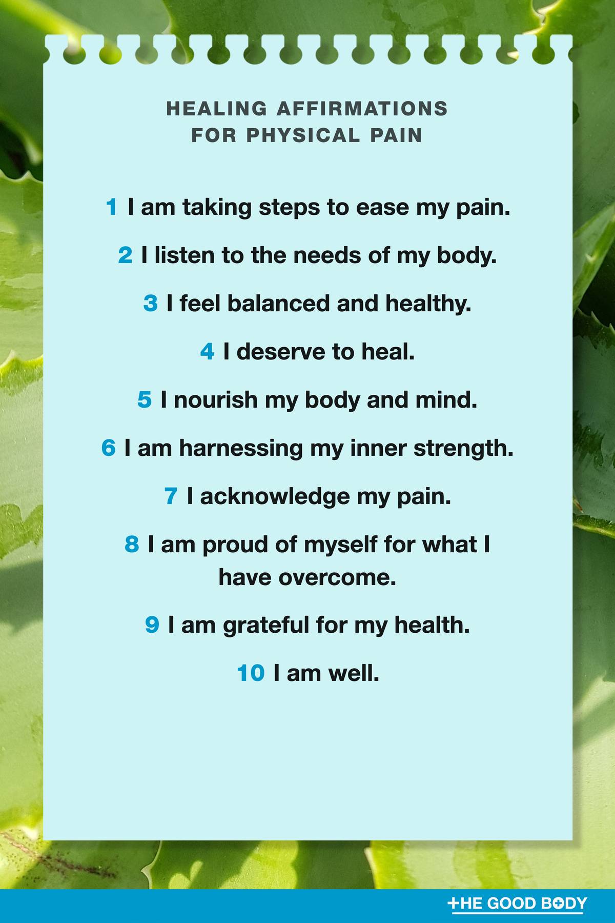 10 Healing Affirmations for Physical Pain on Blue Note Paper with Aloe Leaves Background