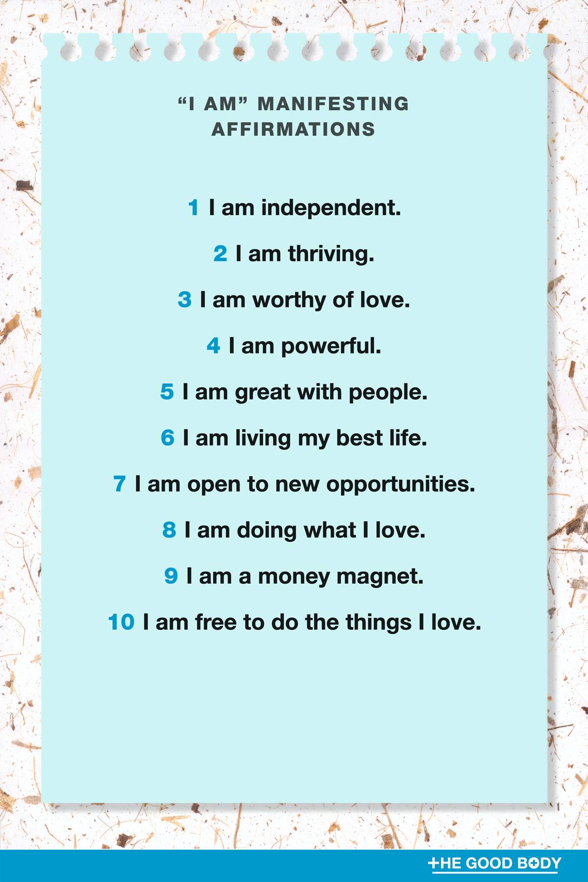 10 “I am” Manifesting Affirmations on Blue Note Paper with Recycled Paper Background