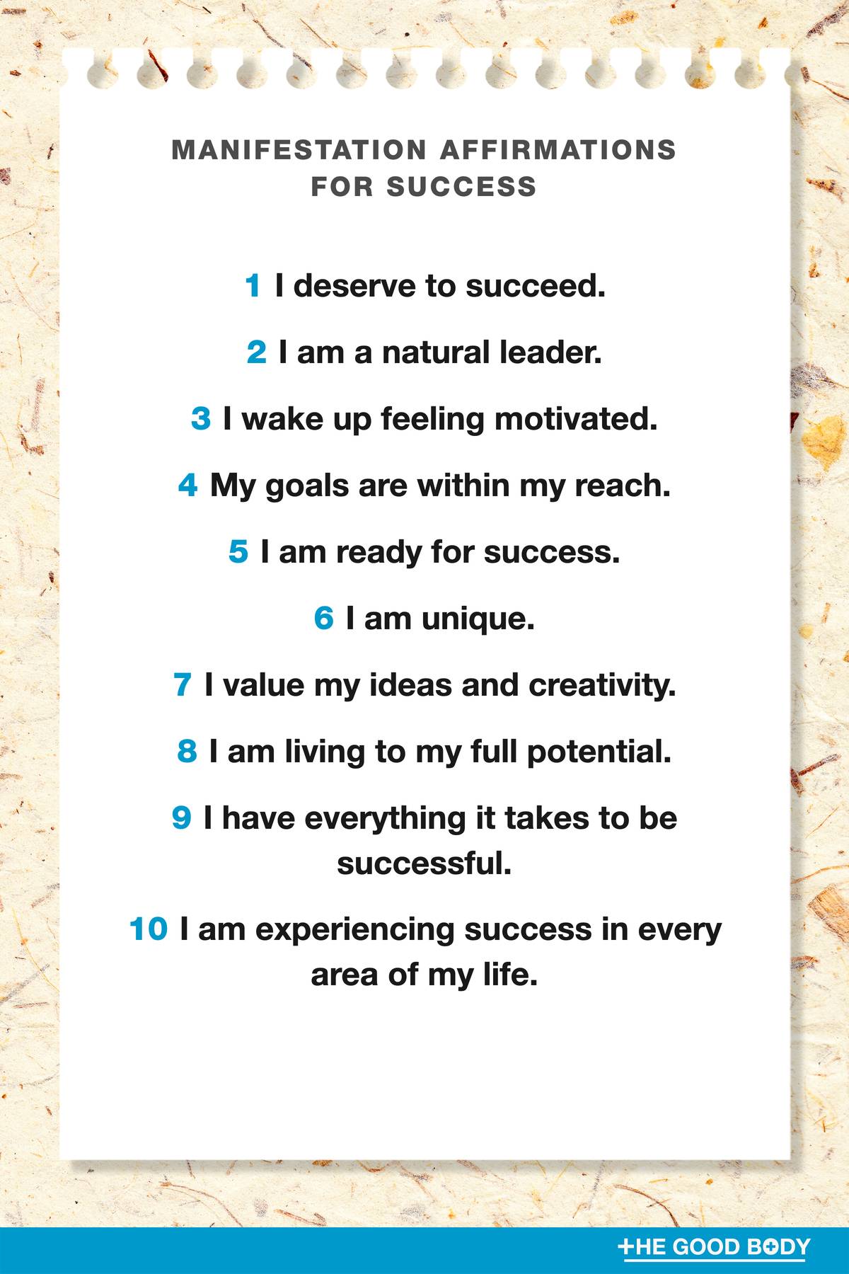 10 Manifestation Affirmations for Success on White Note Paper with Recycled Paper Background