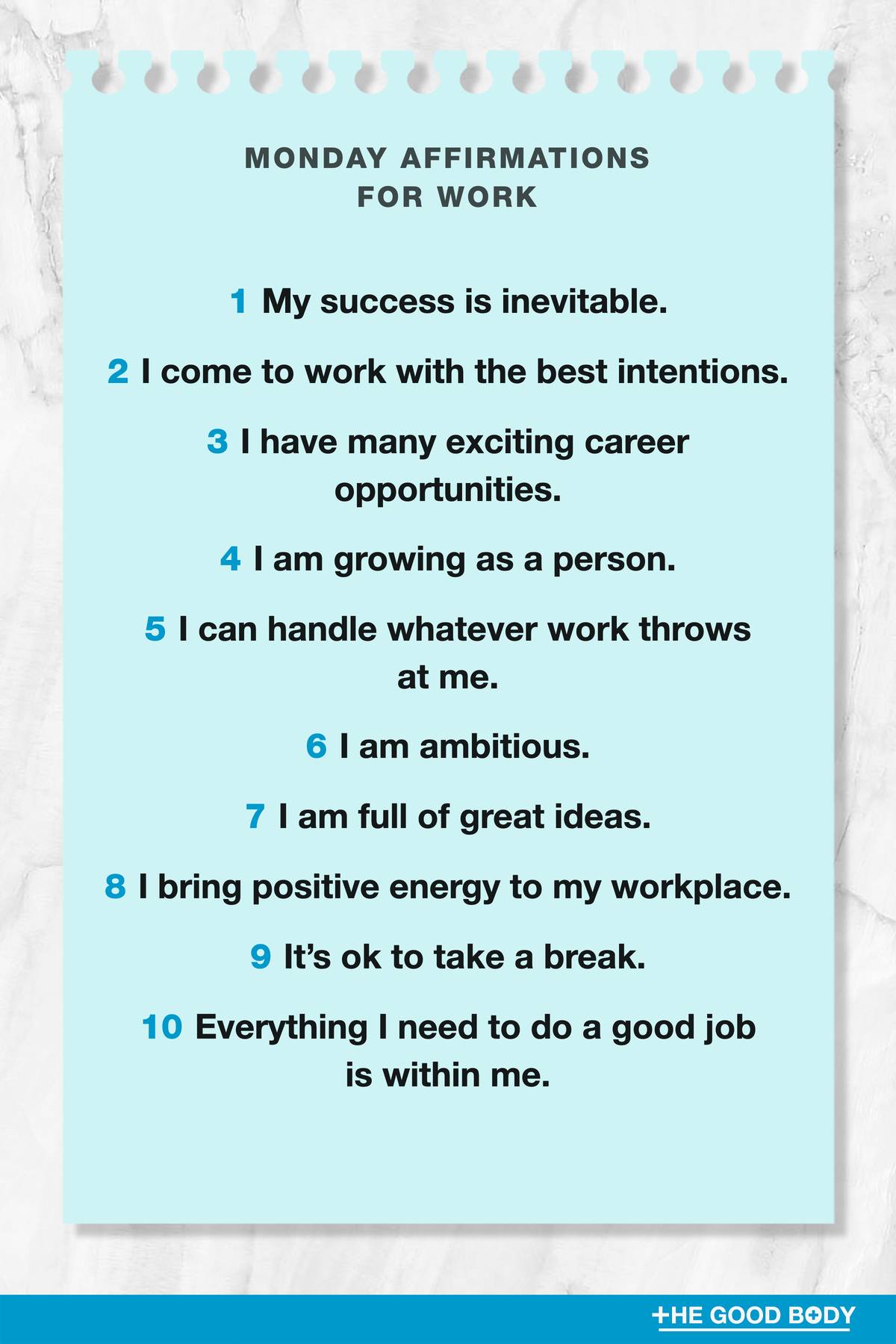 10 Monday Affirmations for Work on Blue Note Paper with Marble Background