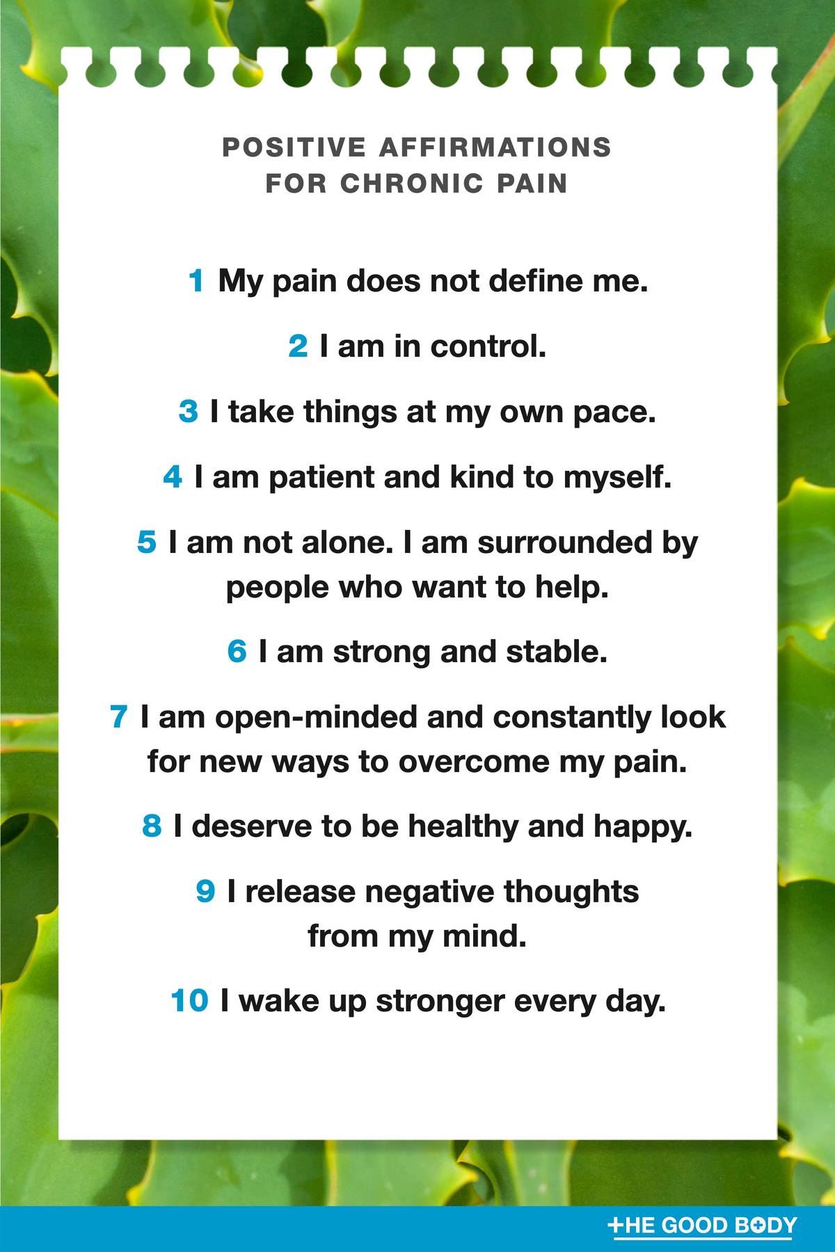 10 Positive Affirmations for Chronic Pain on White Note Paper with Aloe Leaves Background