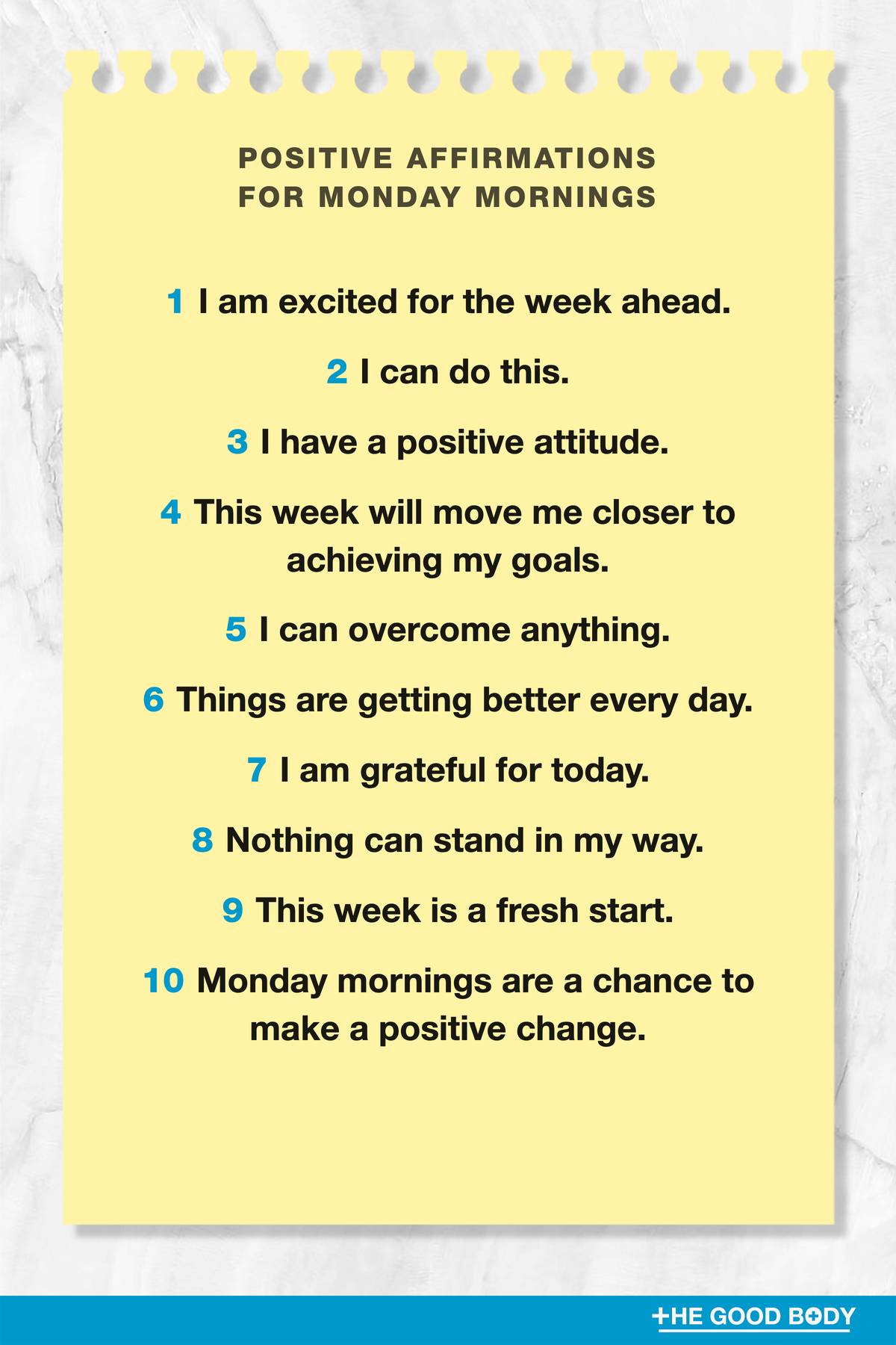 10 Positive Affirmations for Monday Mornings on Yellow Note Paper with Marble Background