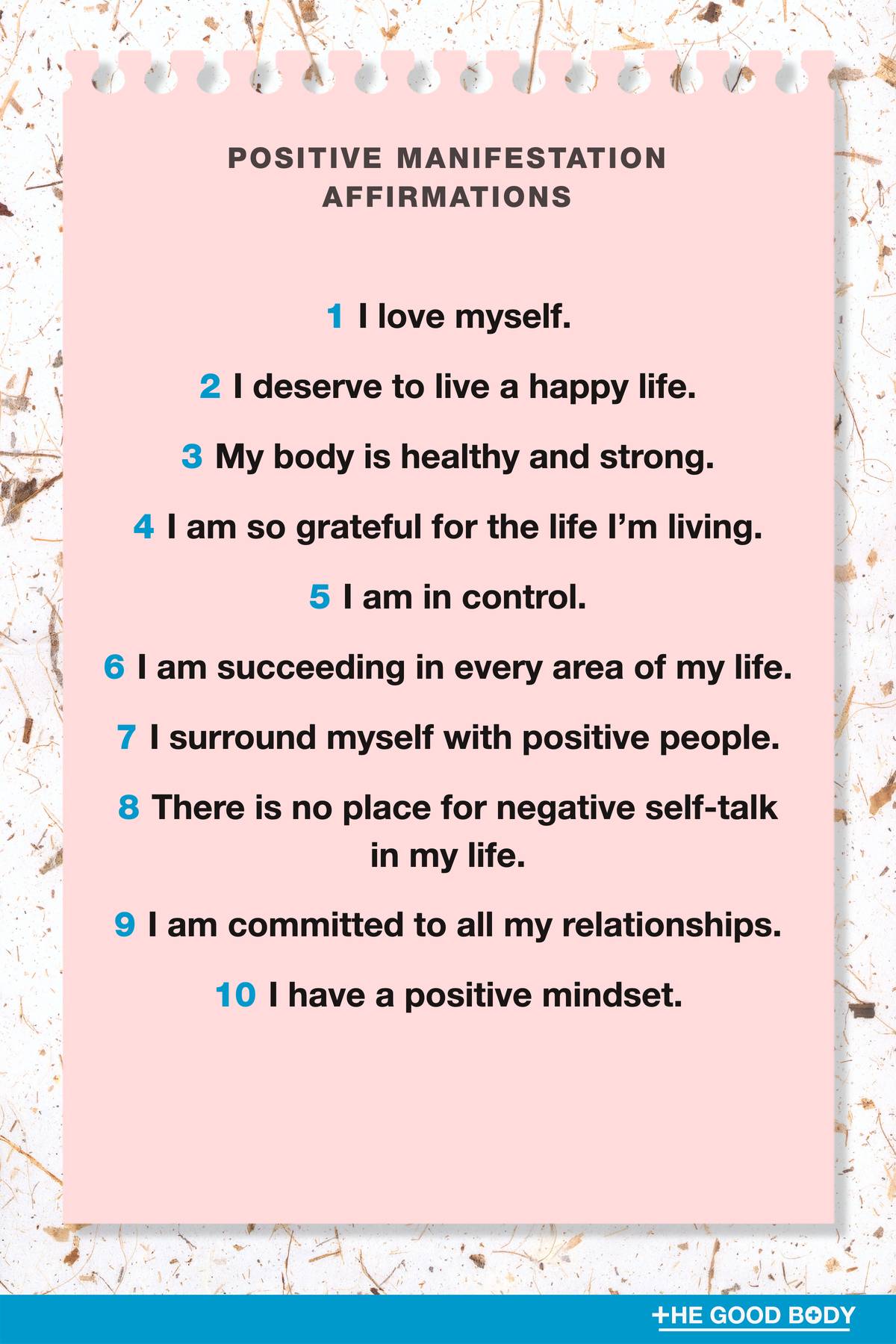 10 Positive Manifestation Affirmations on Pink Note Paper with Recycled Paper Background