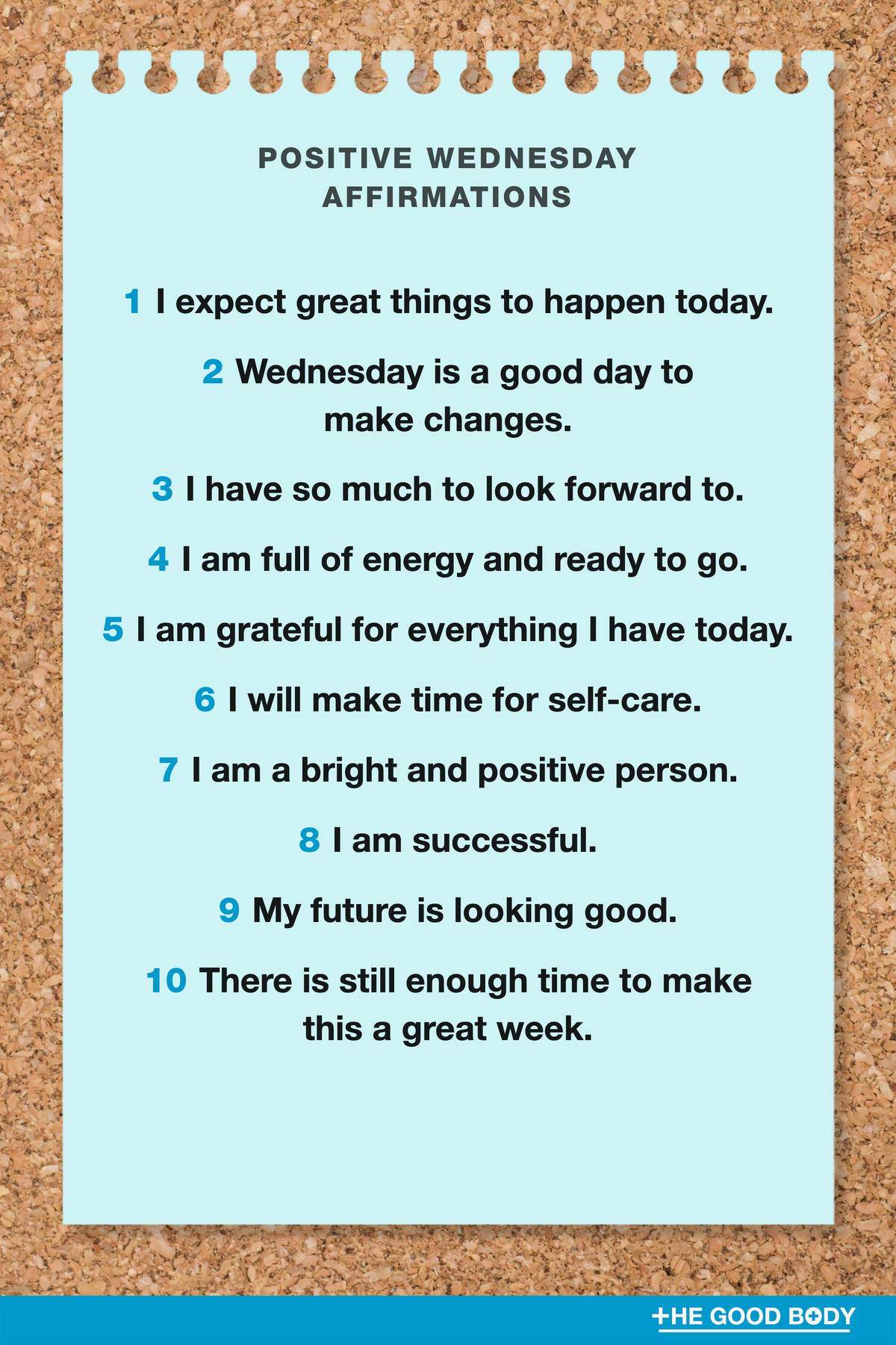 10 Positive Wednesday Affirmations on Blue Note Paper with Corkboard