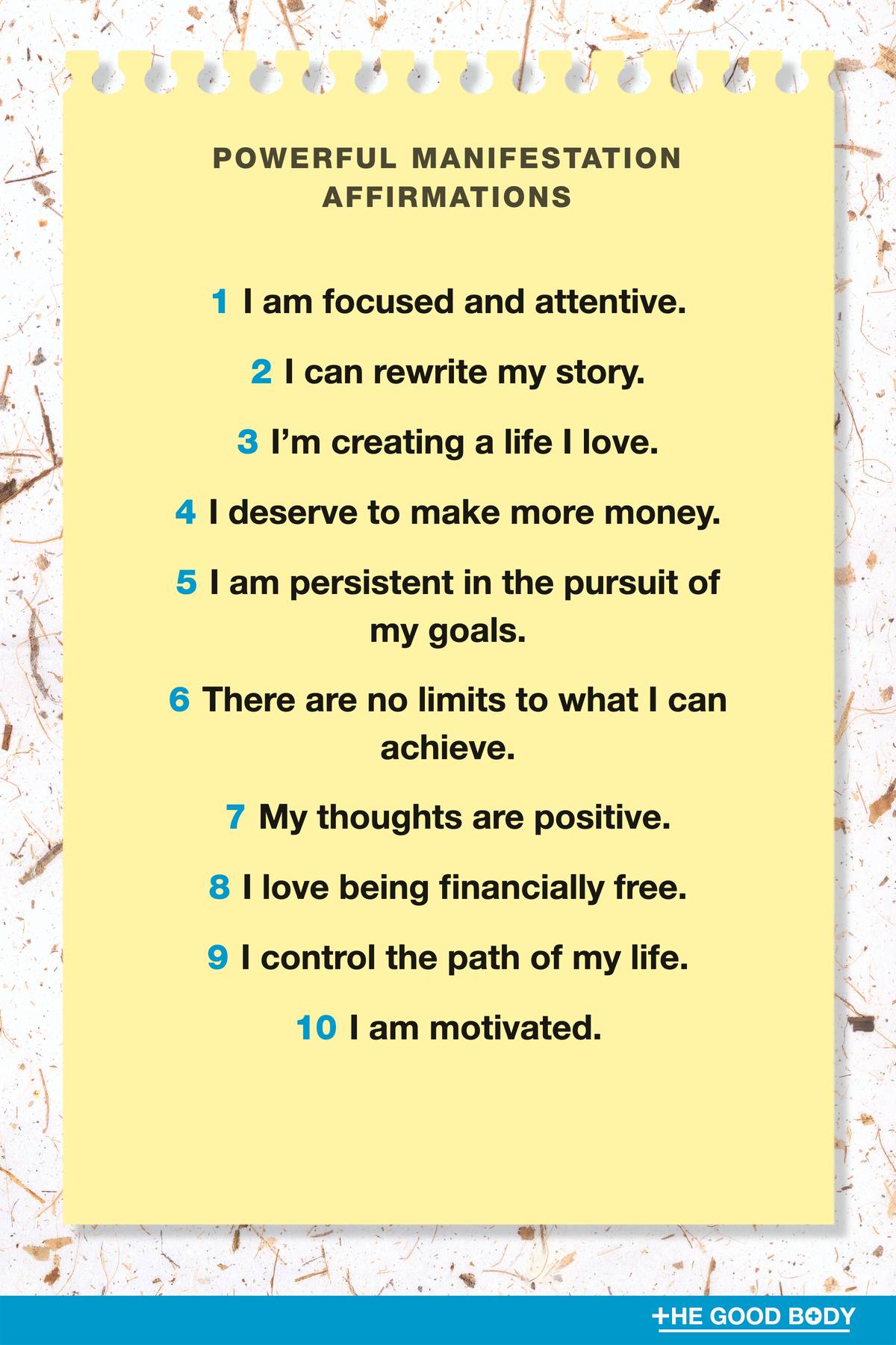 10 Powerful Manifestation Affirmations on Yellow Note Paper with Recycled Paper Background