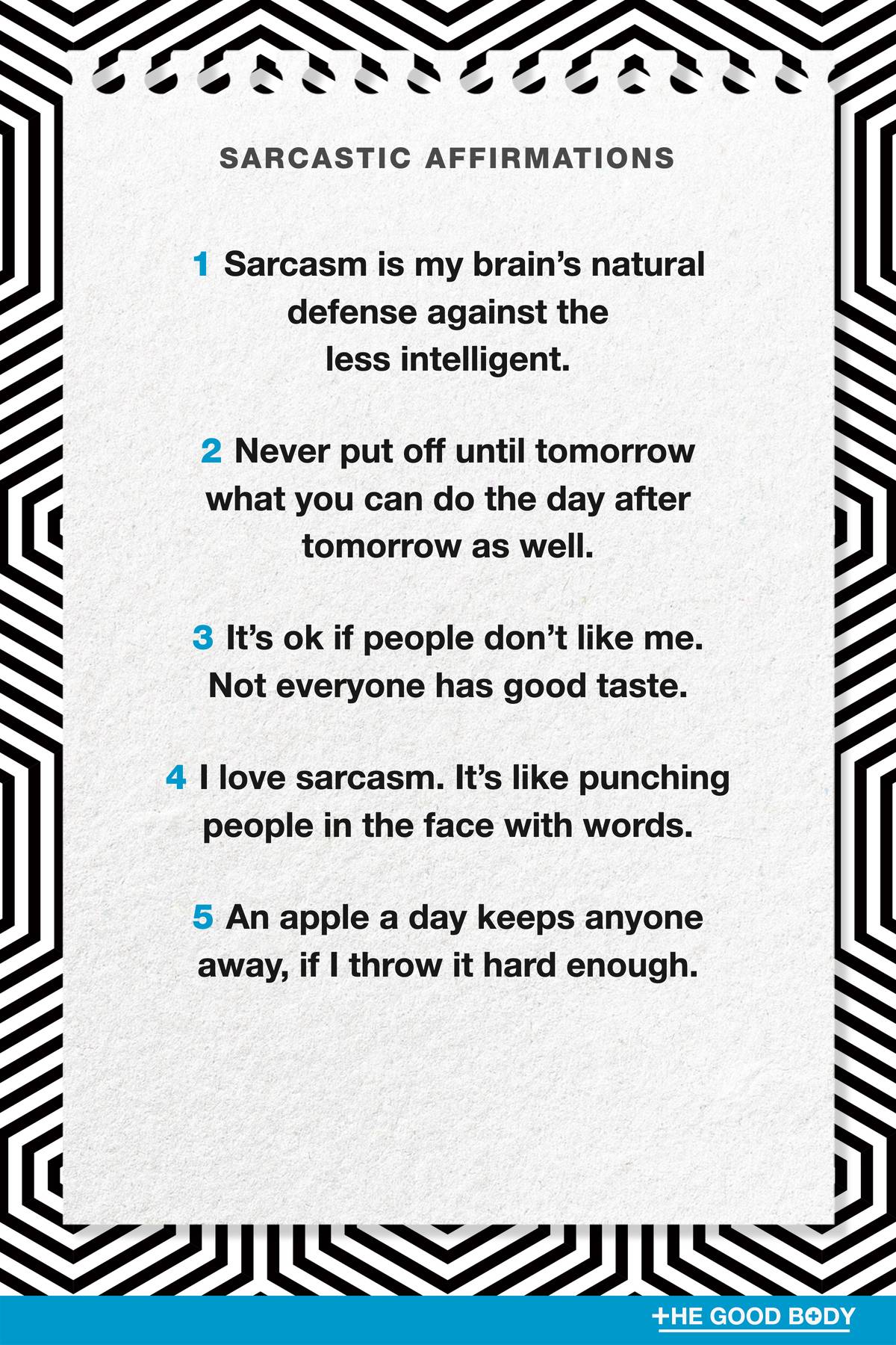 5 Sarcastic Affirmations on Textured Note Paper with Optical Illusion Background