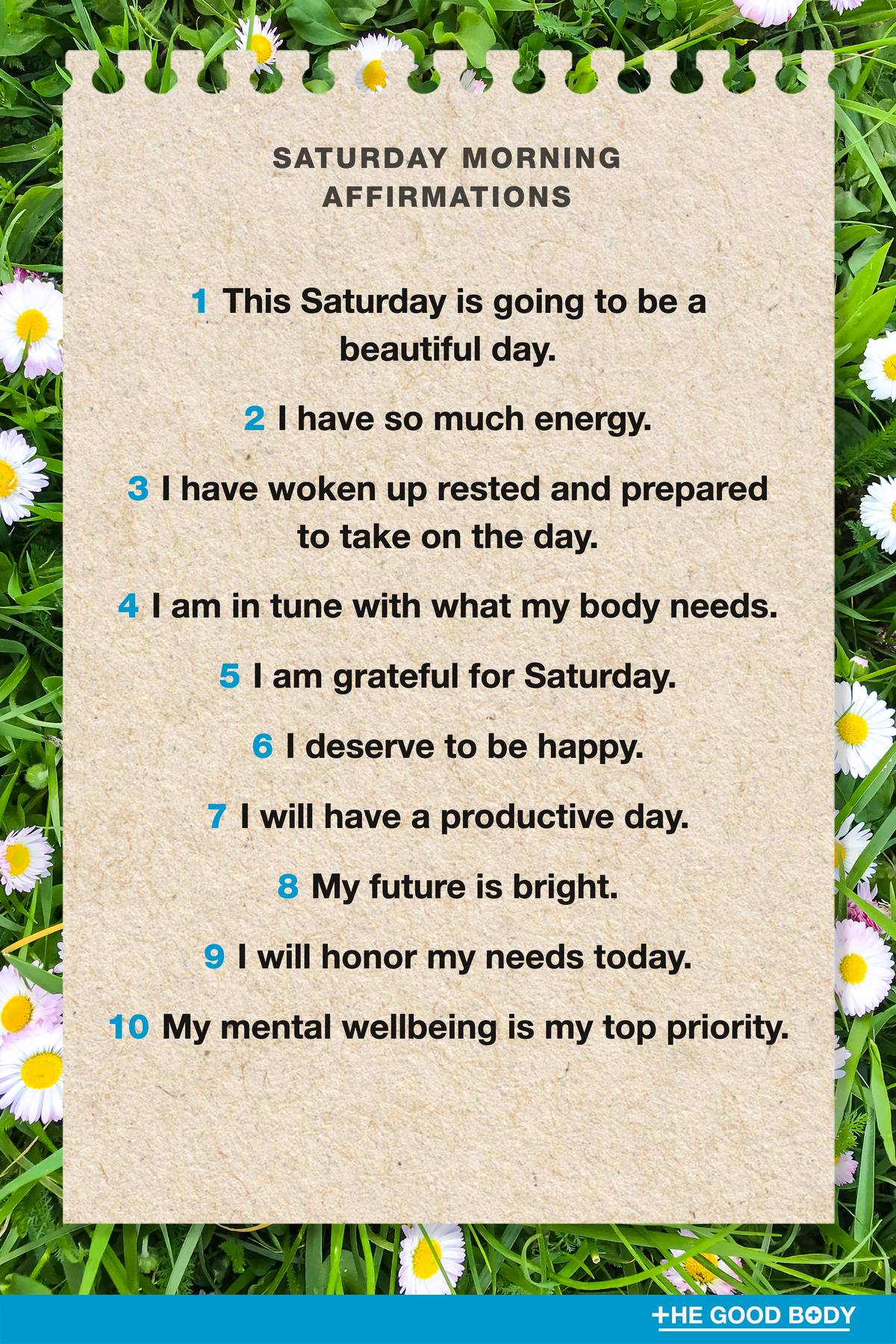 10 Saturday Morning Affirmations on Recycled Paper with Grass and Daisies Background