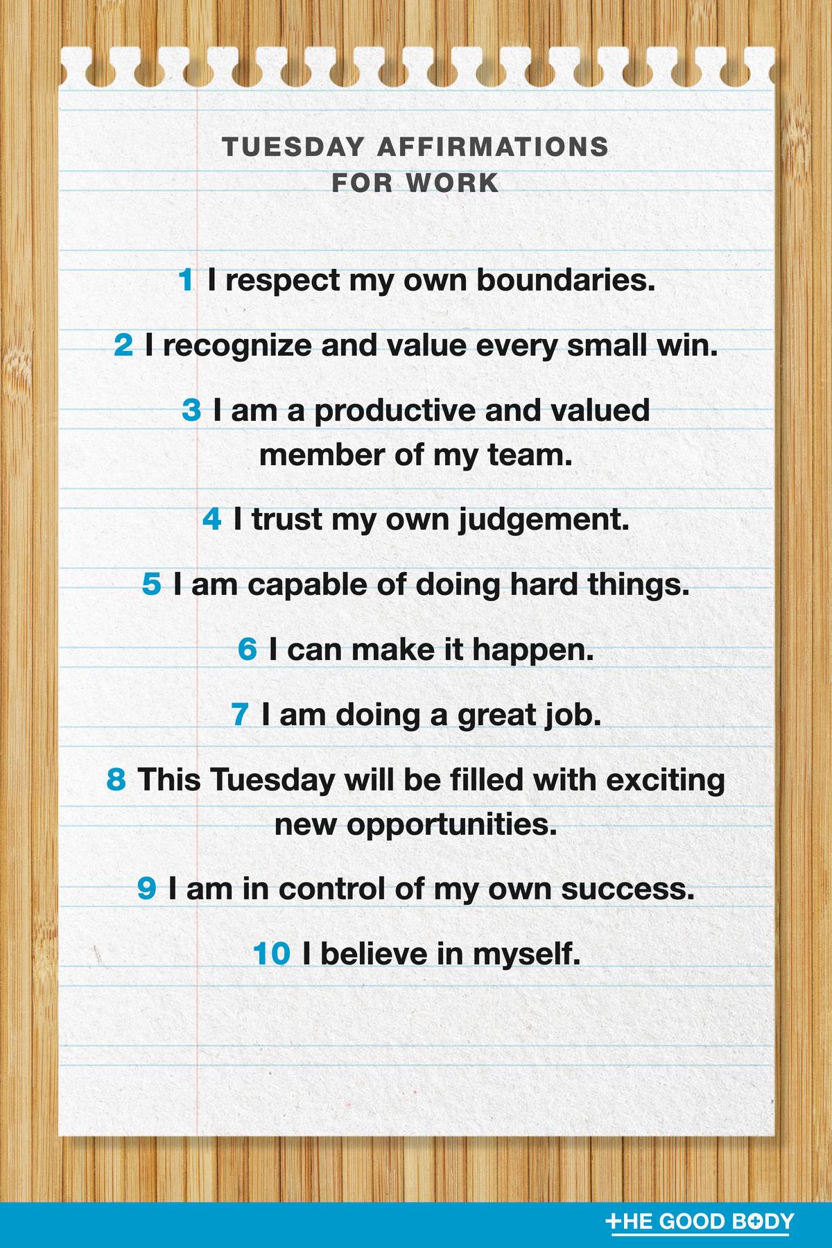 10 Tuesday Affirmations for Work on Double-Lined Note Paper with Bamboo Background