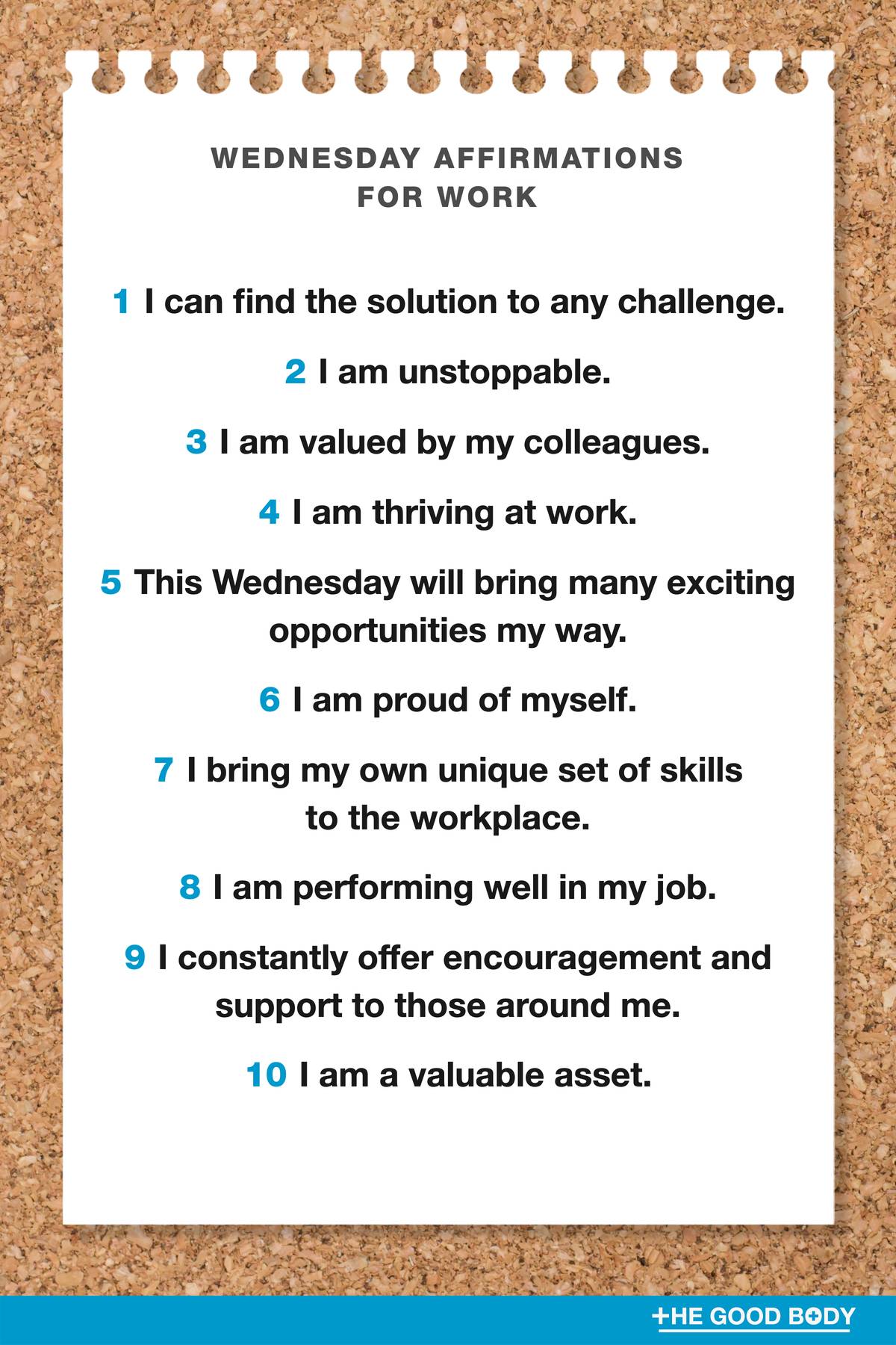 10 Wednesday Affirmations for Work on White Note Paper with Corkboard