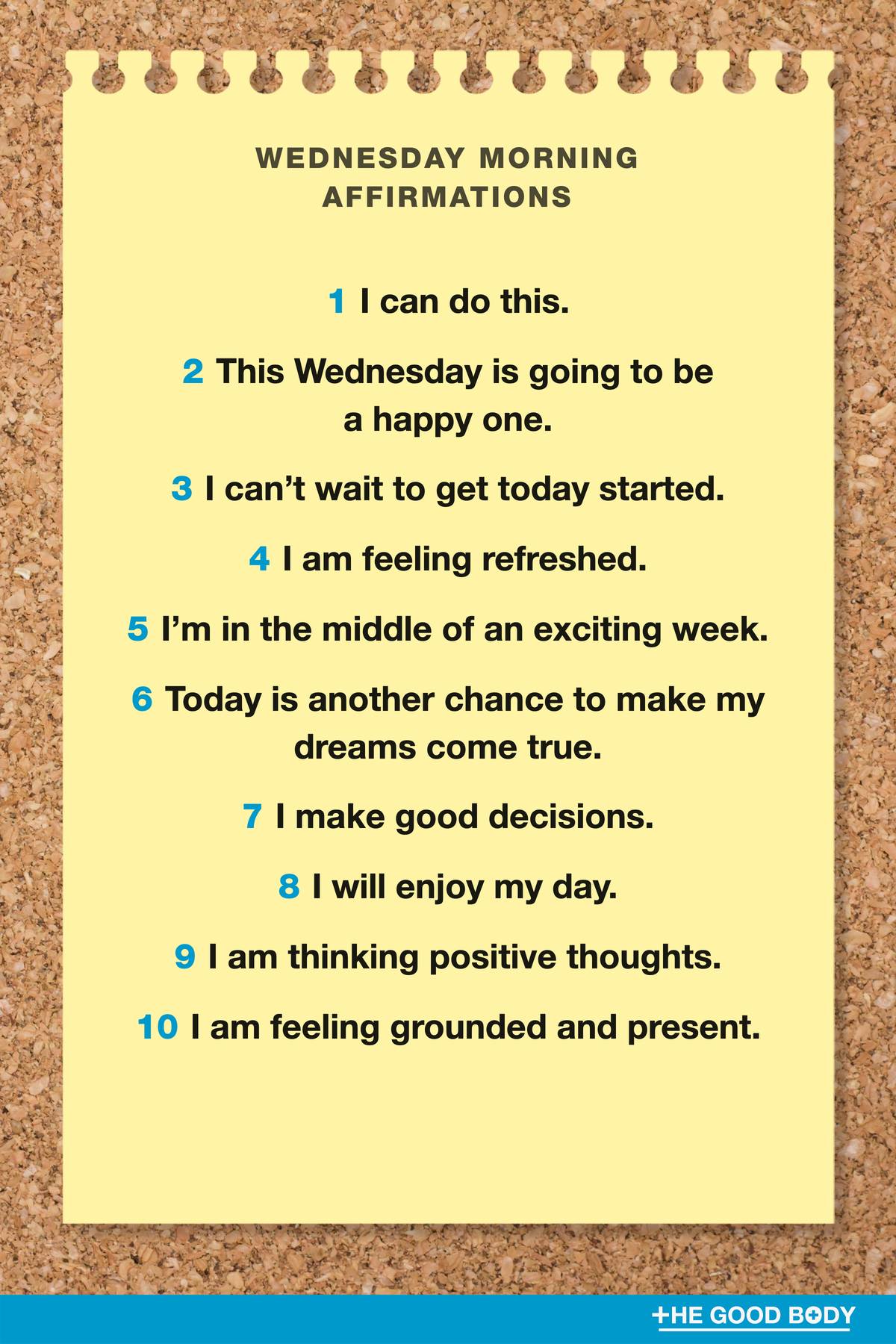 10 Wednesday Morning Affirmations on Yellow Note Paper with Corkboard