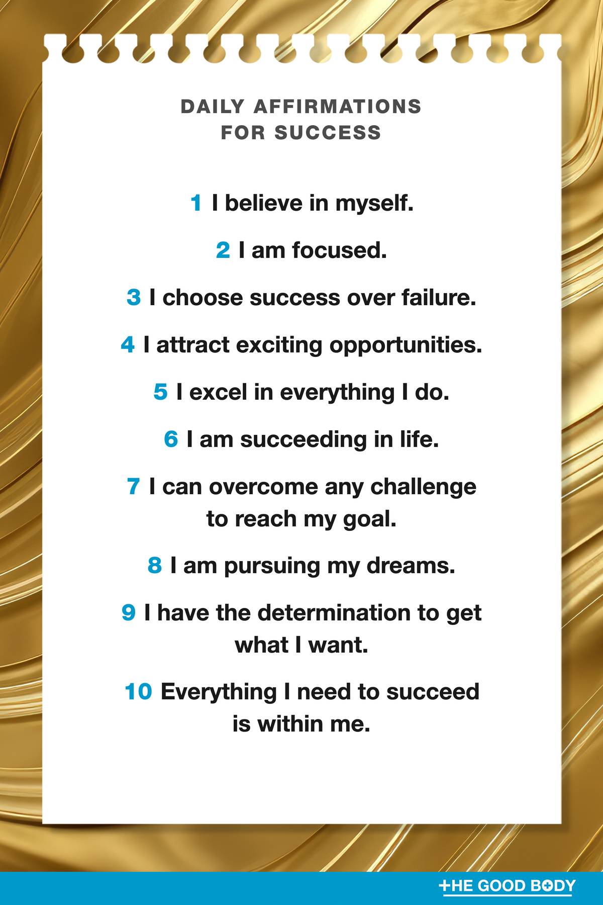 10 Daily Affirmations for Success on Note Paper with Gold Texture Background