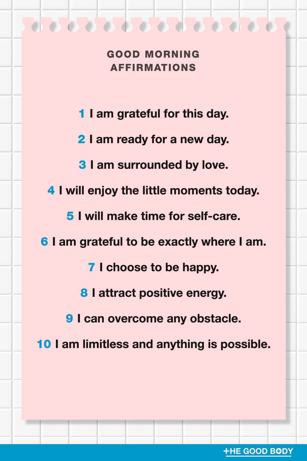 10 Good Morning Affirmations on Pink Note Paper with White Ceramic Tiles Background