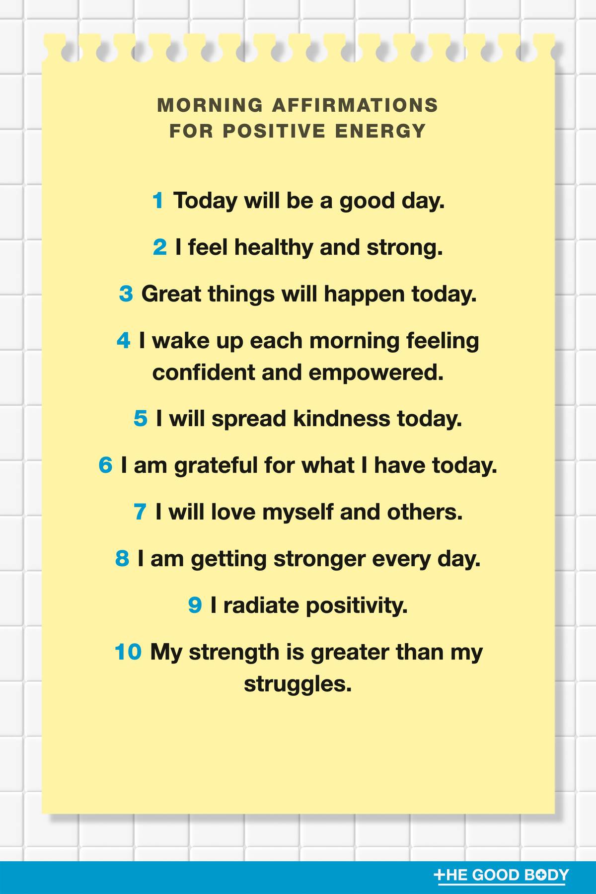 10 Morning Affirmations for Positive Energy on Yellow Note Paper with White Ceramic Tiles Background