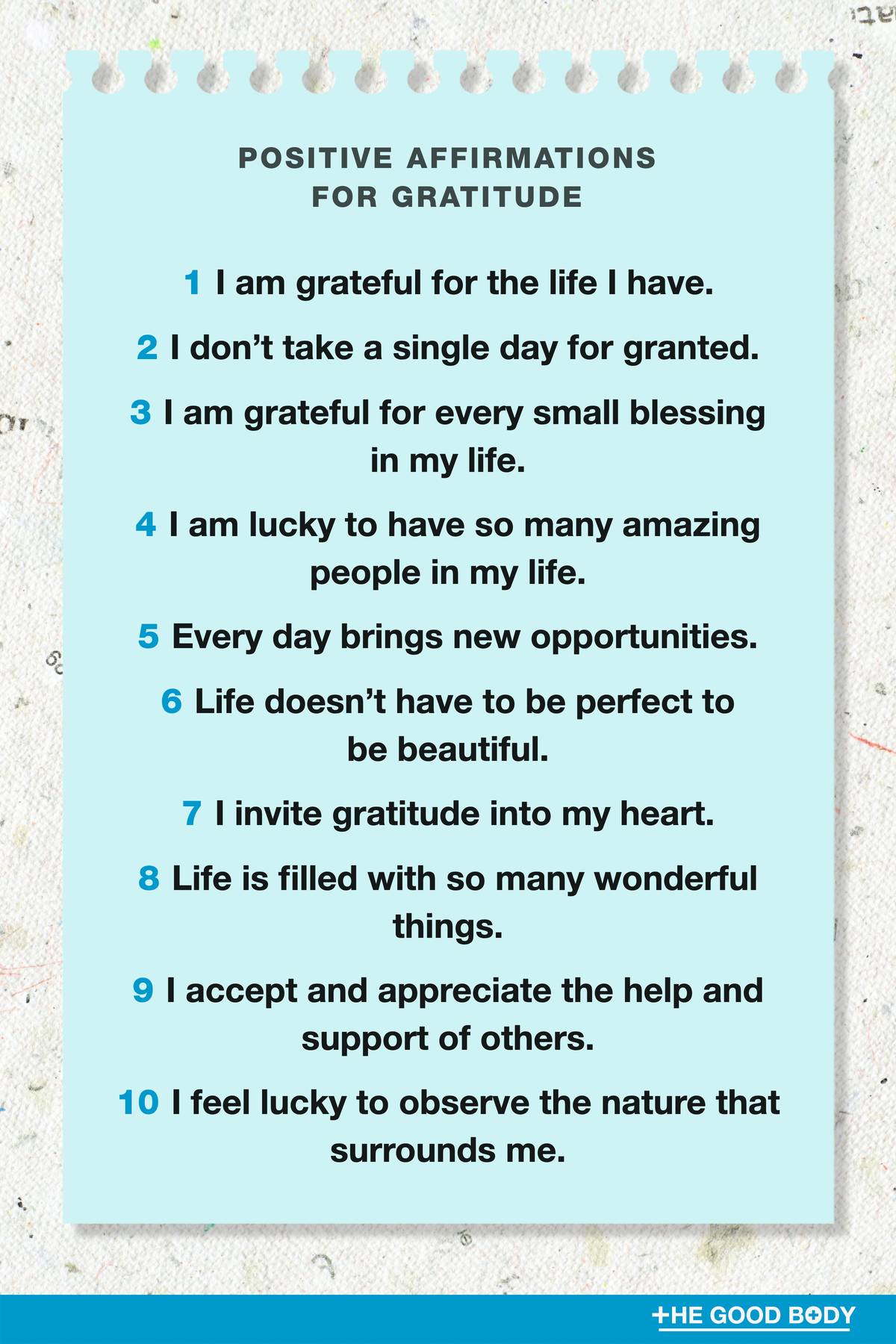 10 Positive Affirmations for Gratitude on Blue Note Paper with Craft Paper Background