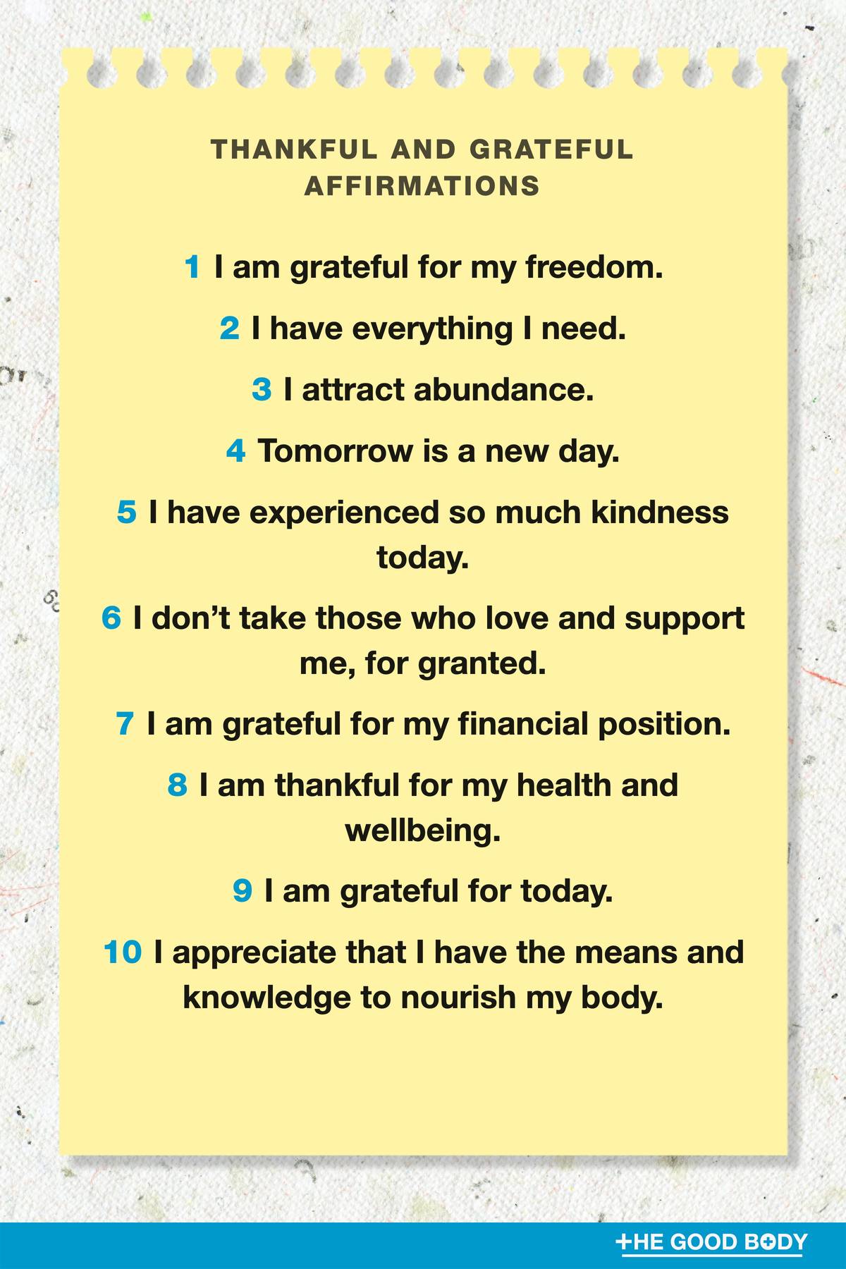 10 Thankful and Grateful Affirmations on Yellow Note Paper with Craft Paper Background