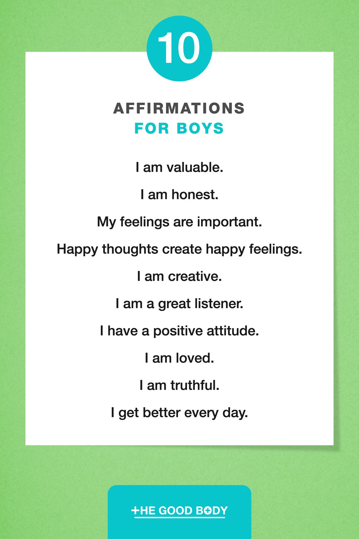 10 Affirmations for Boys on White Paper, Set Against a Green Paperboard Background