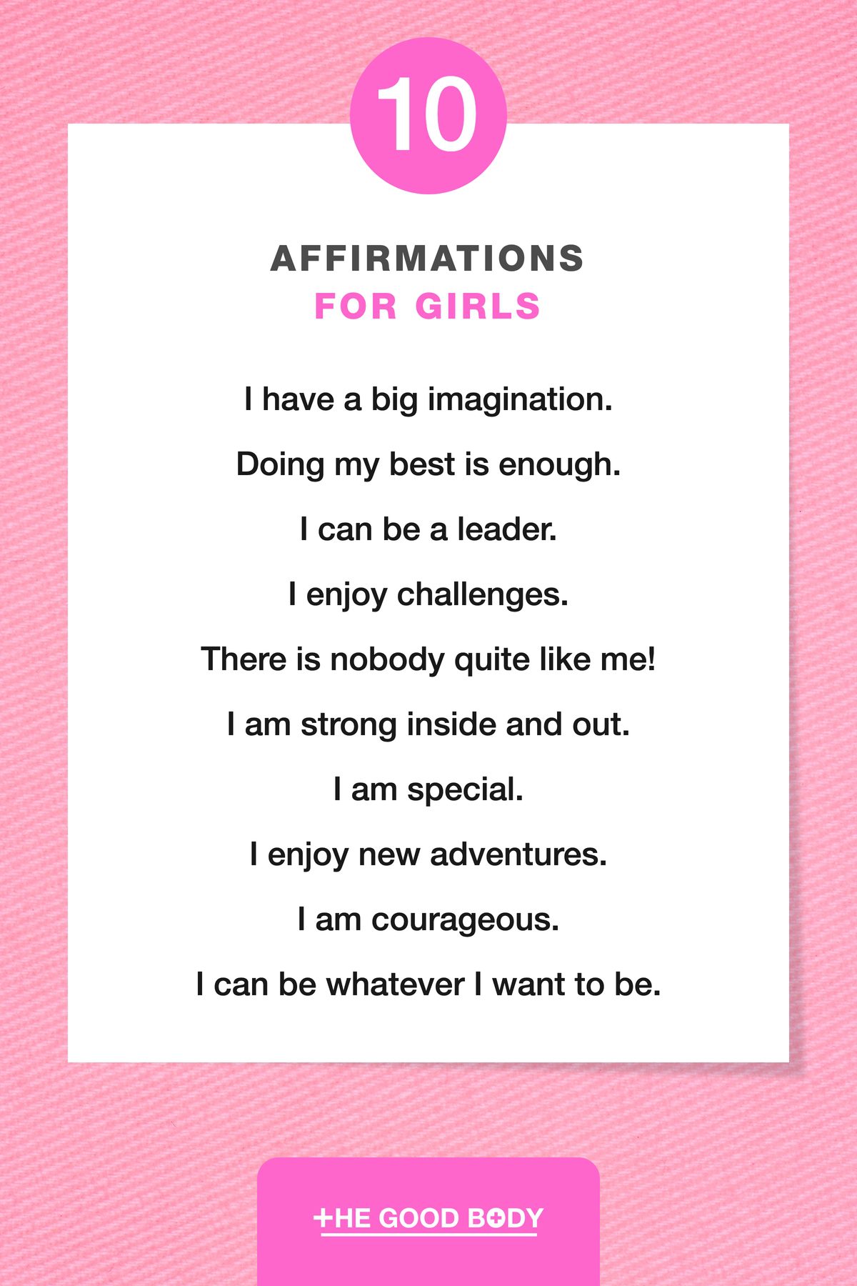 10 Affirmations for Girls on White Paper, Set Against a Pink Canvas Background