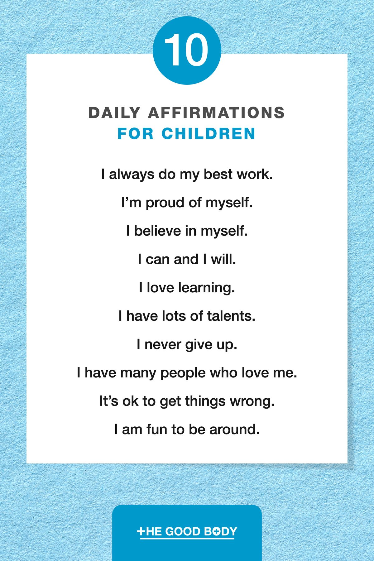 10 Daily Affirmations for Children on White Paper, Set Against a Blue Construction Paper Background