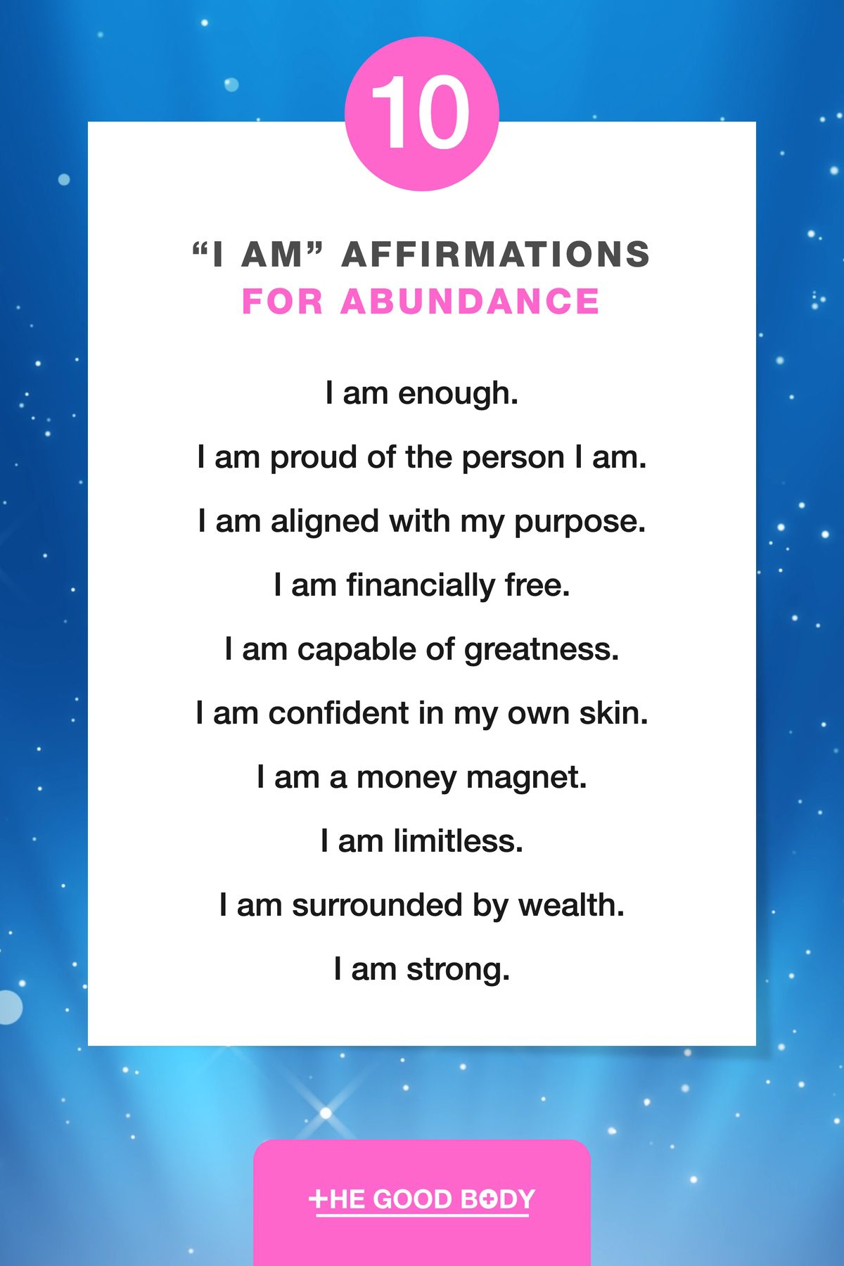 10 “I Am” Affirmations for Abundance on White Paper Set Against Magical Particles and Shining Stars on Blue Background