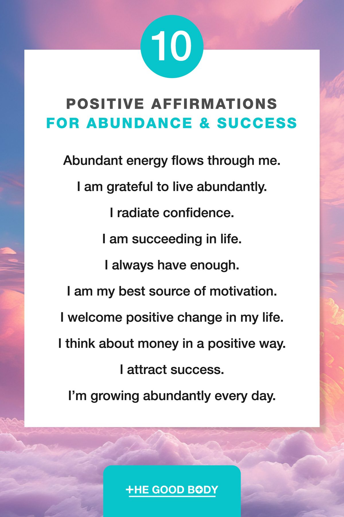 10 Positive Affirmations for Abundance and Success on White Paper Set Against Sunset with Pink Clouds Background