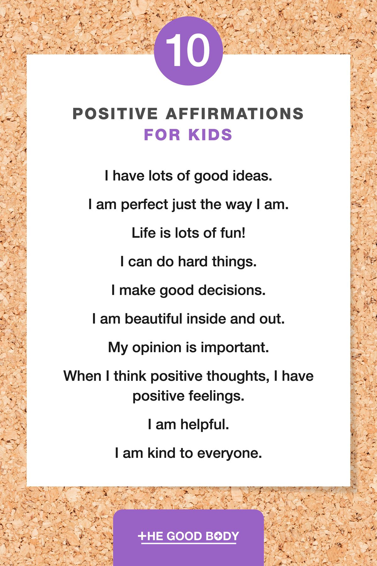 10 Positive Affirmations for Kids on White Paper, Set Against a Corkboard Background