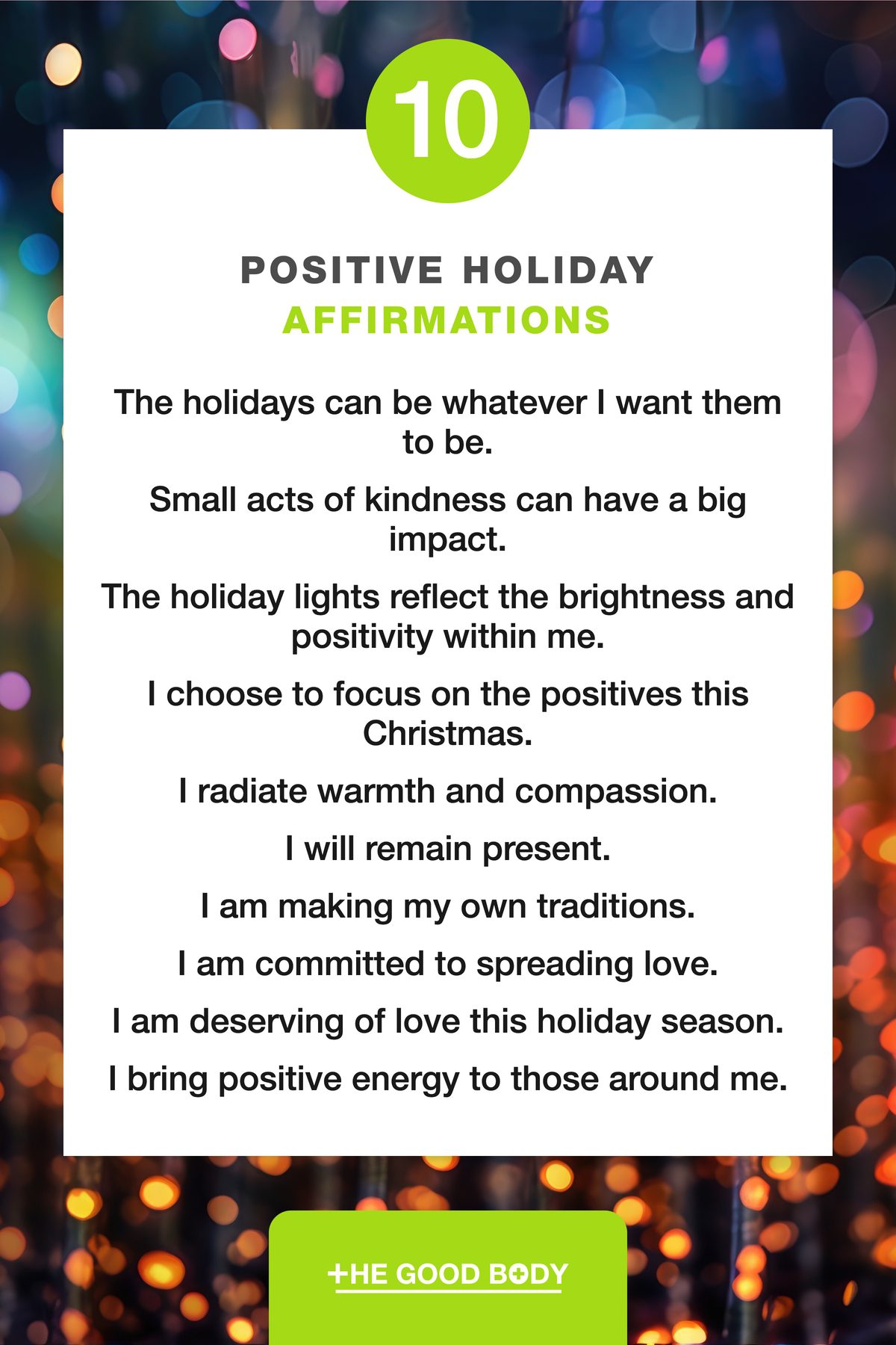 10 Positive Holiday Affirmations on White Paper Set Against Multicolored Blurred Festive Lights Background