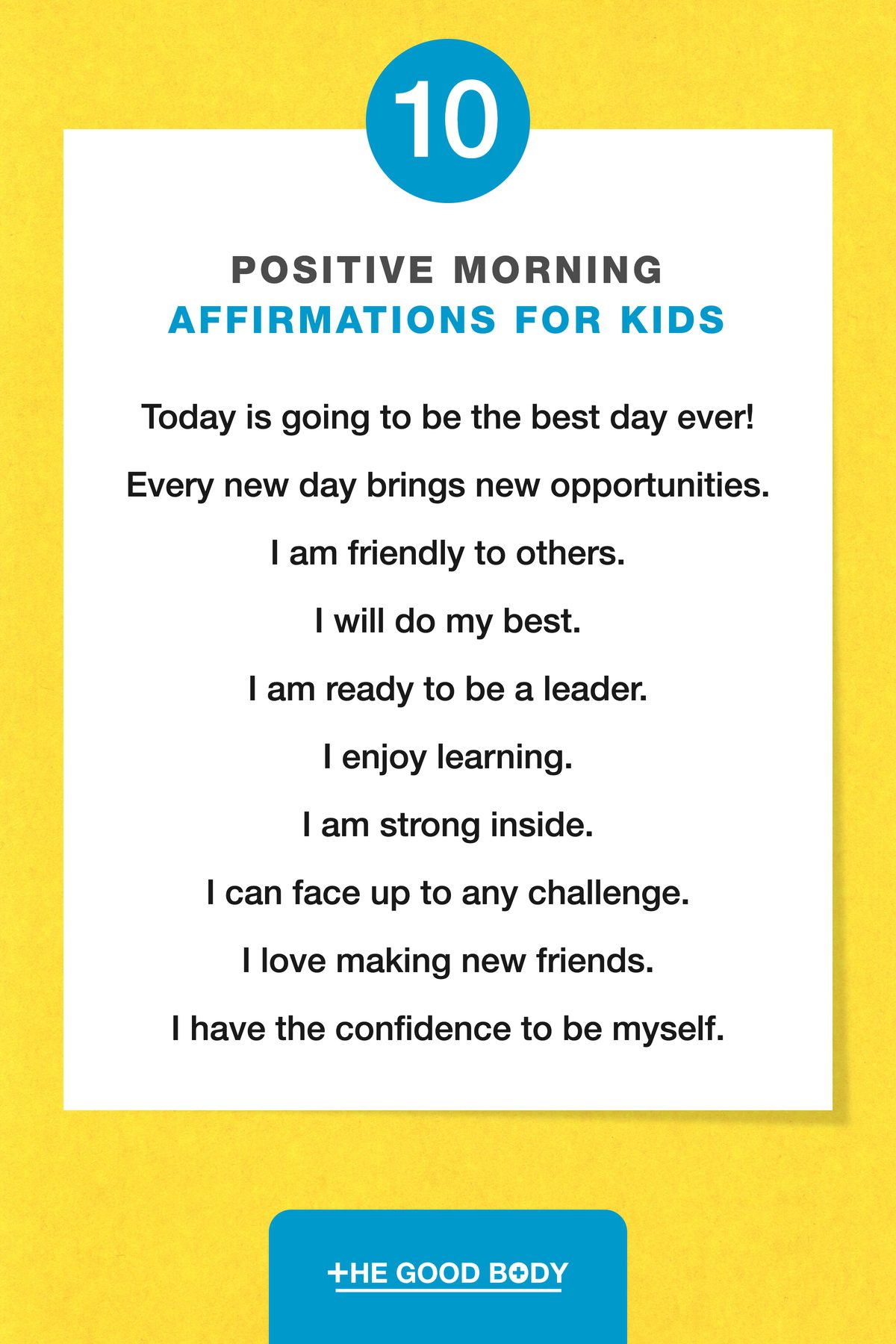 10 Positive Morning Affirmations for Kids on White Paper, Set Against a Yellow Construction Paper Background