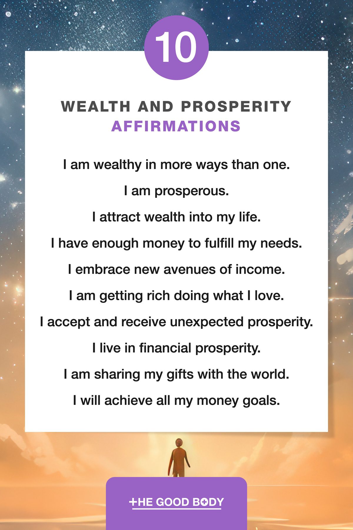 10 Wealth and Prosperity Affirmations on White Paper Set Against Dreamy Sunset Background with Person Gazing Into Starlit Sky