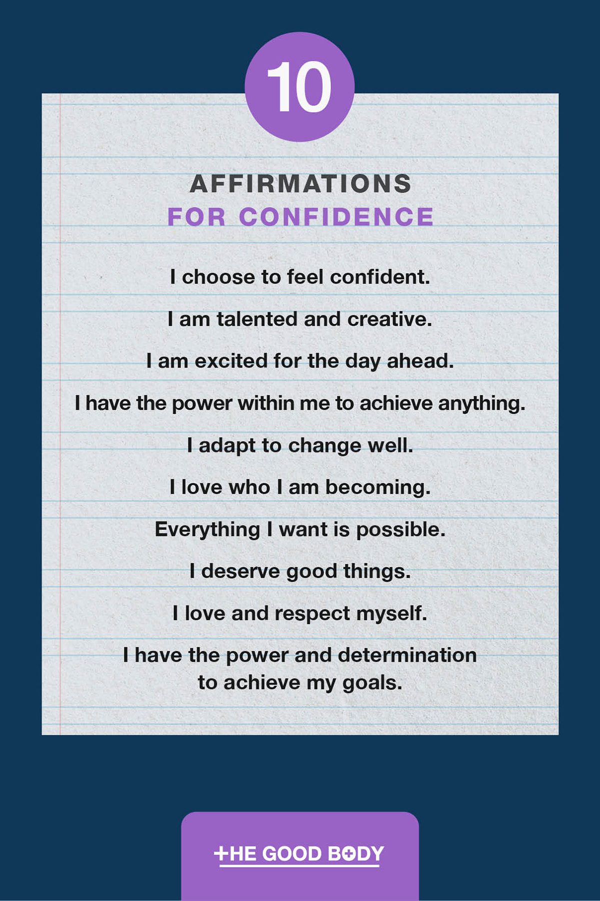 10 Affirmations for Confidence on Double-lined Paper Set Against Indigo Background