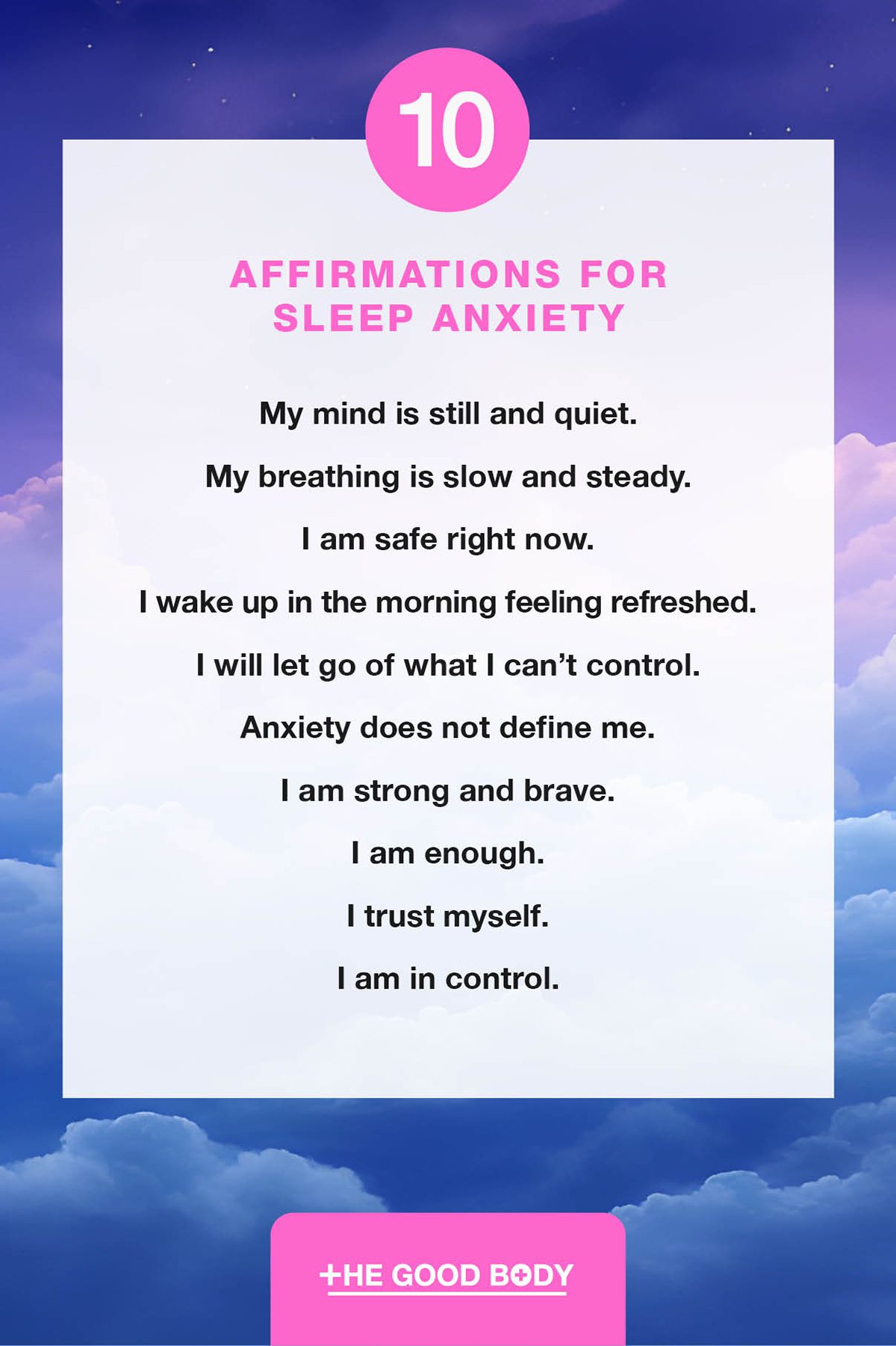 10 Affirmations for Sleep Anxiety on Paper Set Against Dreamy Clouds Background