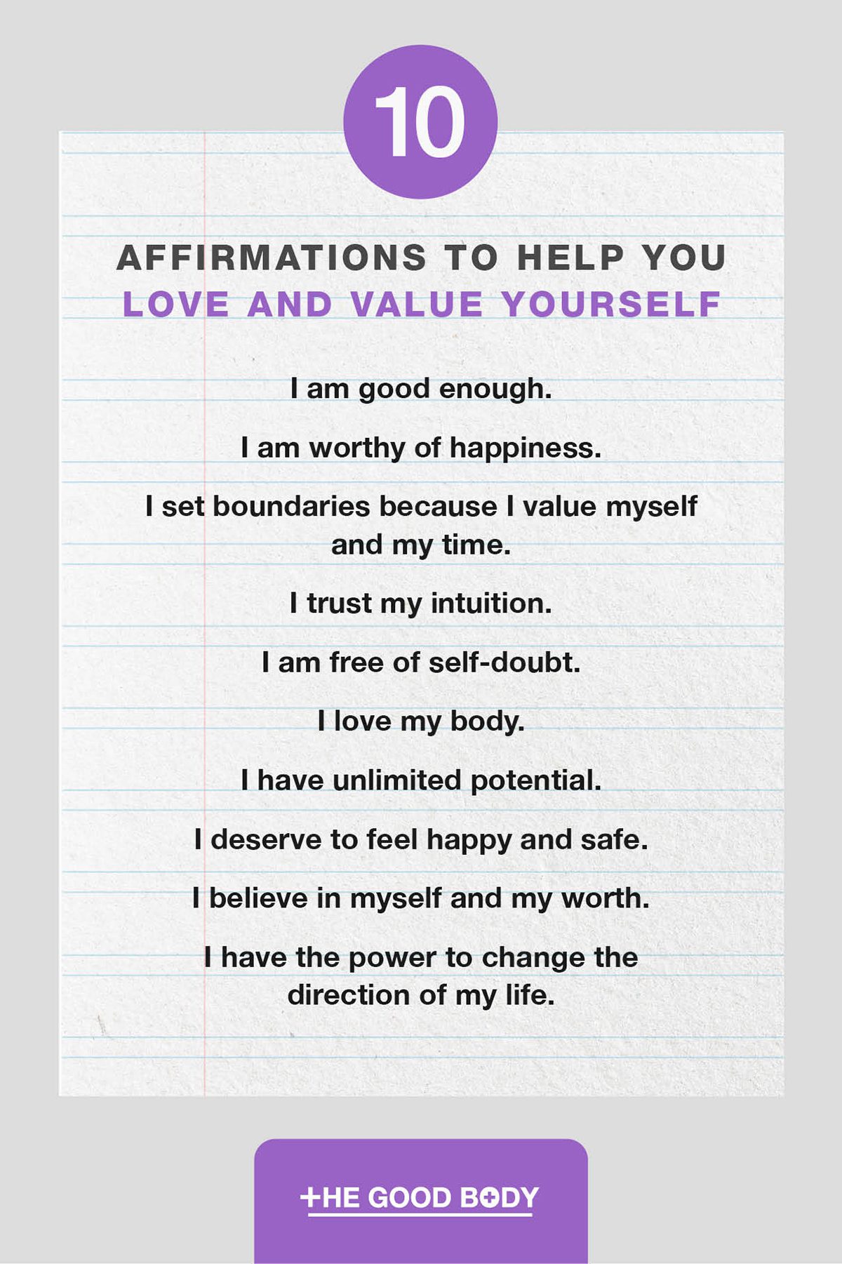 10 Affirmations to Help You Love and Value Yourself on Double-lined Paper With Grey Background