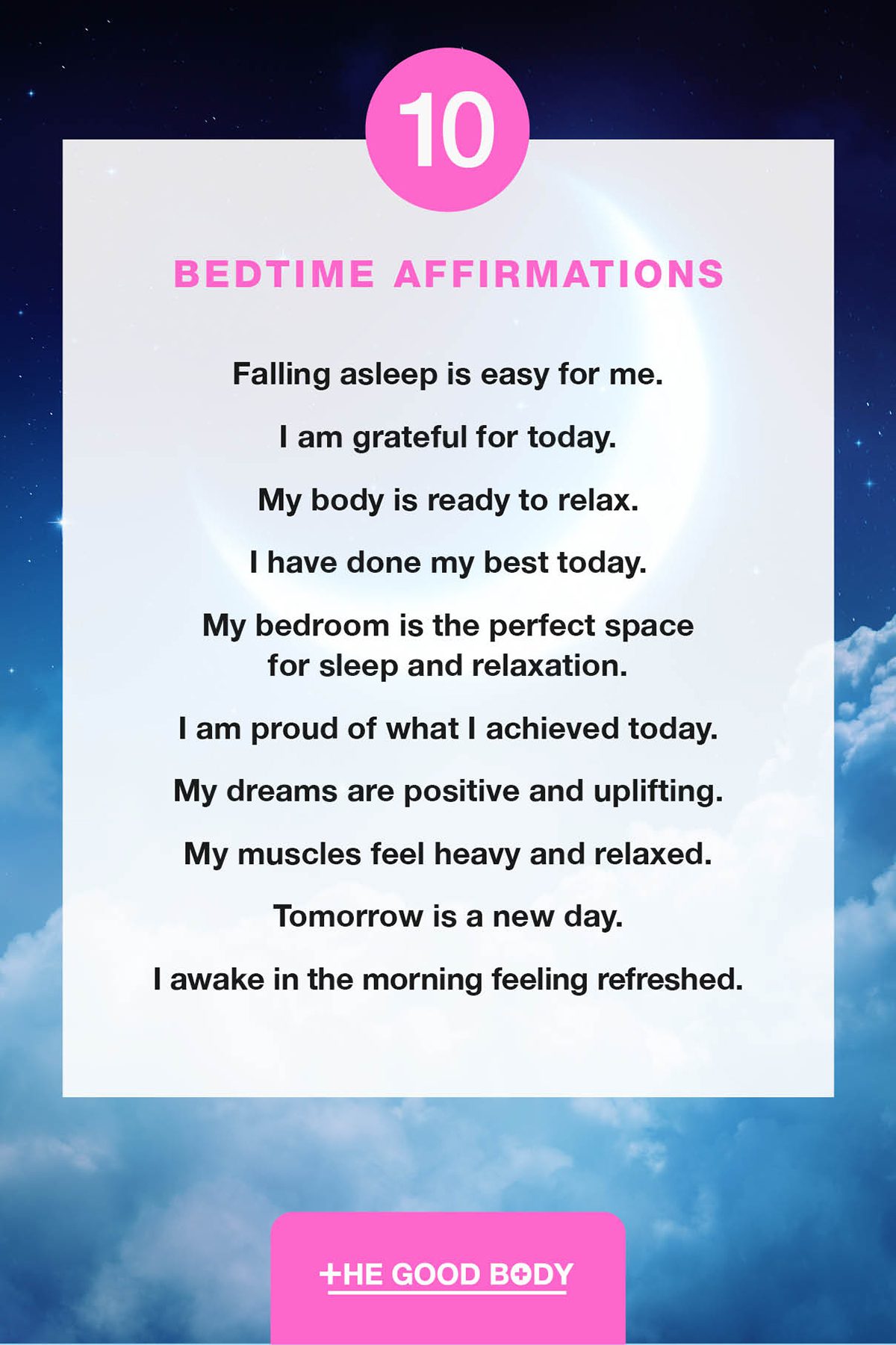 10 Bedtime Affirmations on Paper Set Against Cloudy and Starry Background