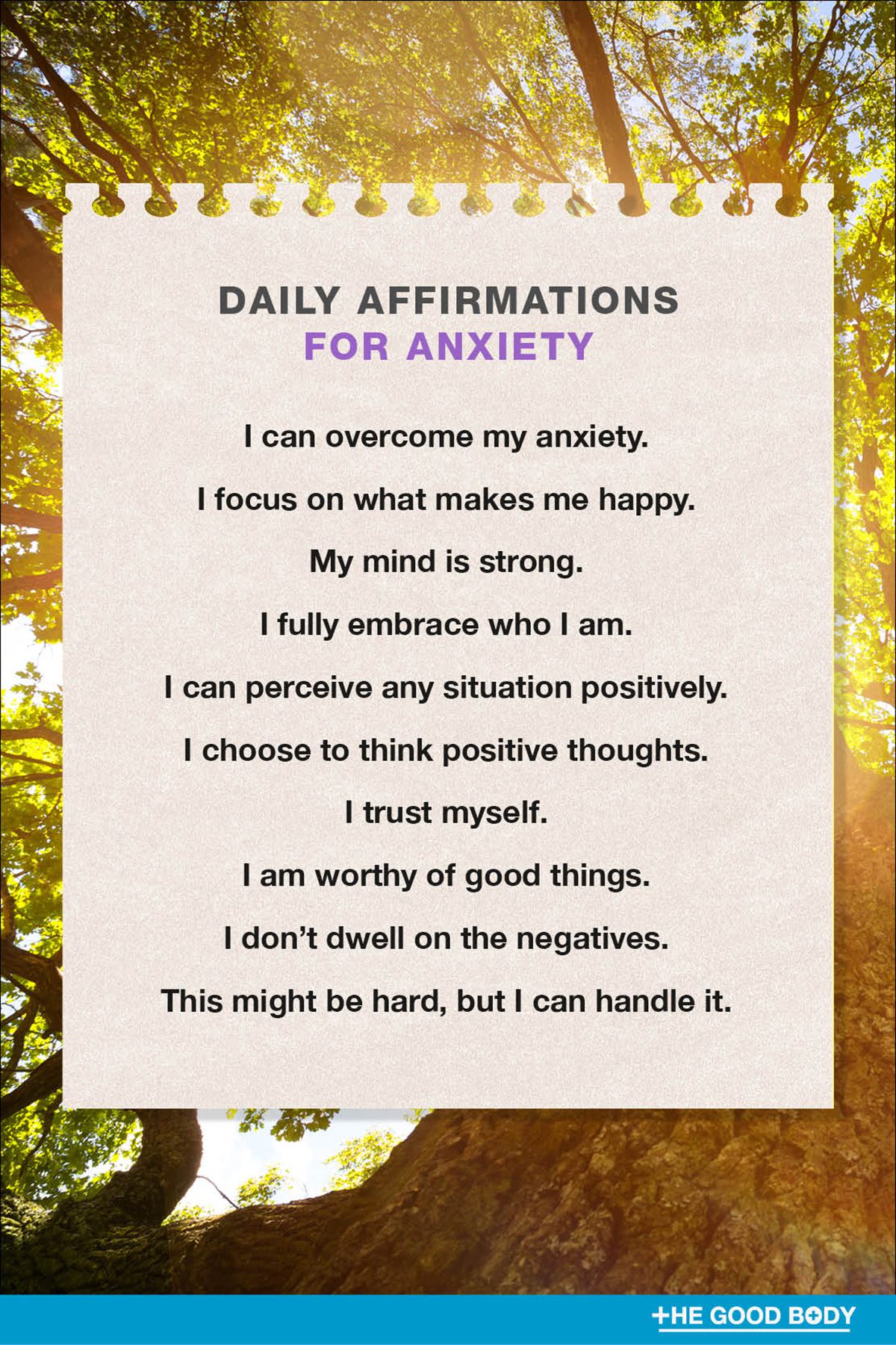 10 Daily Affirmations for Anxiety on Textured Note Paper Set Against Set Against Forest Background