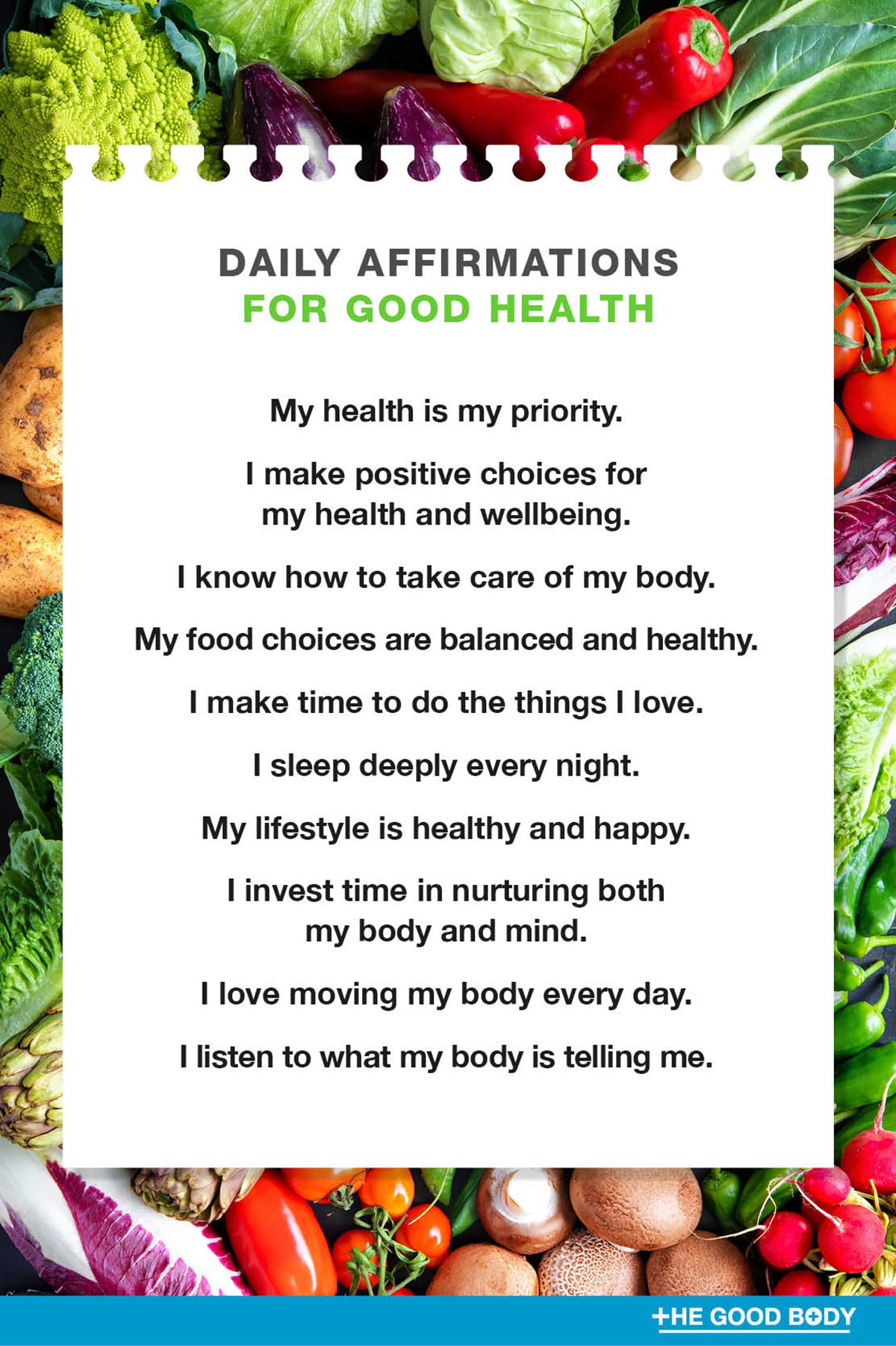 10 Daily Affirmations for Good Health on White Note Paper Set Against Vegetables Background