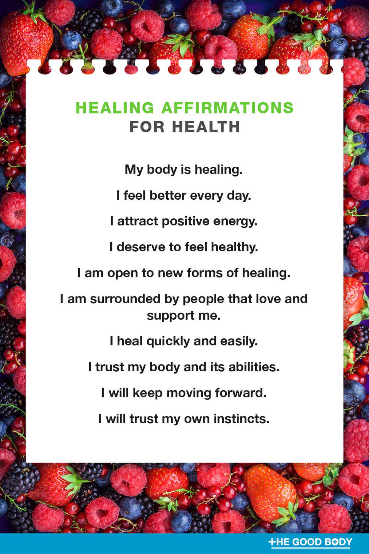 10 Healing Affirmations for Health on White Note Paper Set Against Berries Background